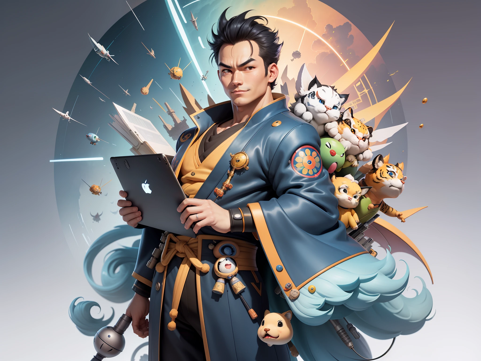 (Masterpiece), (Excellent), (Super Meticulous), (Full Body: 1.2), Super Young Man, Oriental Face, Japanese Kimono, Japanese Wind Thunder God, Dragon, Tiger, TV Anchor, Bust Portrait Illustration, Alone, Black Suit, Blue Tie, Slightly Chubby Face, Very Clean Face, No Beard, Black Super Short Hair, Black Eyes, Confident Smile, 3c Computer Sub-Products, iPad, iPhone, Digital Painting, 3D Character Design by Akira Toriyama and Mark Claireden and Pixar and Hayao Miyazaki, The illustration is a high-definition illustration in 4K resolution with very detailed facial features and cartoon-style visuals.