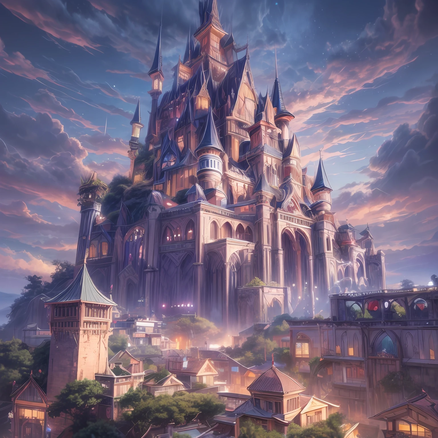 The background is an anime scene from the castle tree，Kamagurka concept art, Pixiv competition winner, Fantasyart, Anime background art, Anime concept HDR anime Macmanus, Highly detailed digital art in 4K, background artwork, Anime epic artwork, Anime landscape concept art, 4K detailed digital art, Made from trees and fantasy valley.