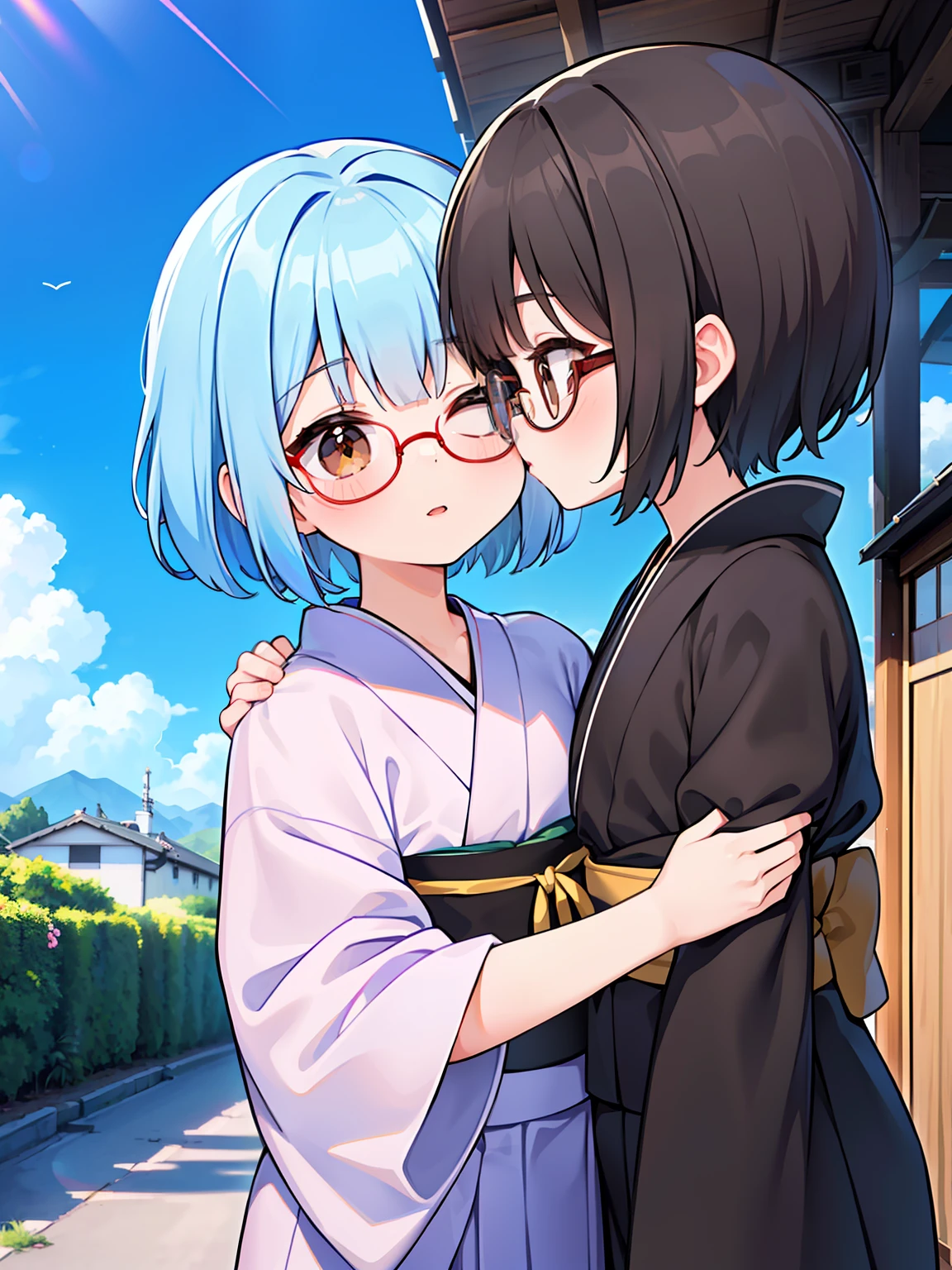 (​masterpiece、top-quality、２People Girls、a junior high school student、short-hair、straight haired、hair adornments、wearing black glasses、cute  face)、In the street、sparklers、And、(​masterpiece、top-quality、２People Girls、a junior high school student、A dark-haired、short-hair、straight haired、Light brown eyes、hair adornments、wearing black glasses、cute  face)、Japanese Yukata、hug、kiss、And、(​masterpiece、top-quality、２People Girls、a junior high school student、Sky blue hair color、short-hair、straight haired、Close both eyes、hair adornments、wearing black glasses、cute  face)、Japanese Yukata、hug、kiss