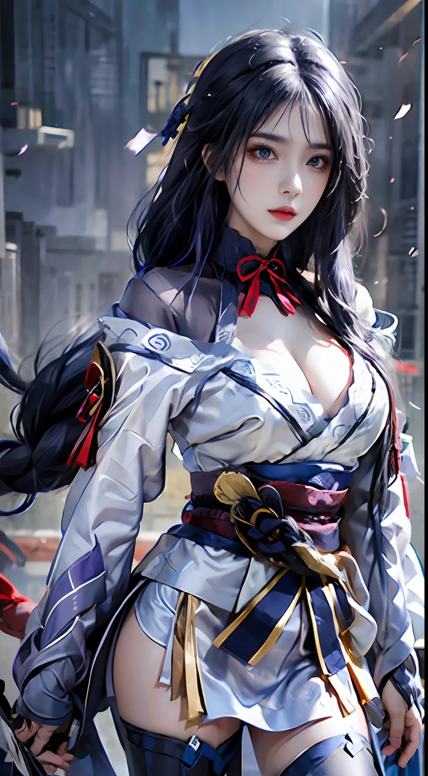 Photographic-grade high resolution,long white hair,Beautiful eyes,normal breast,Raiden General costume。
