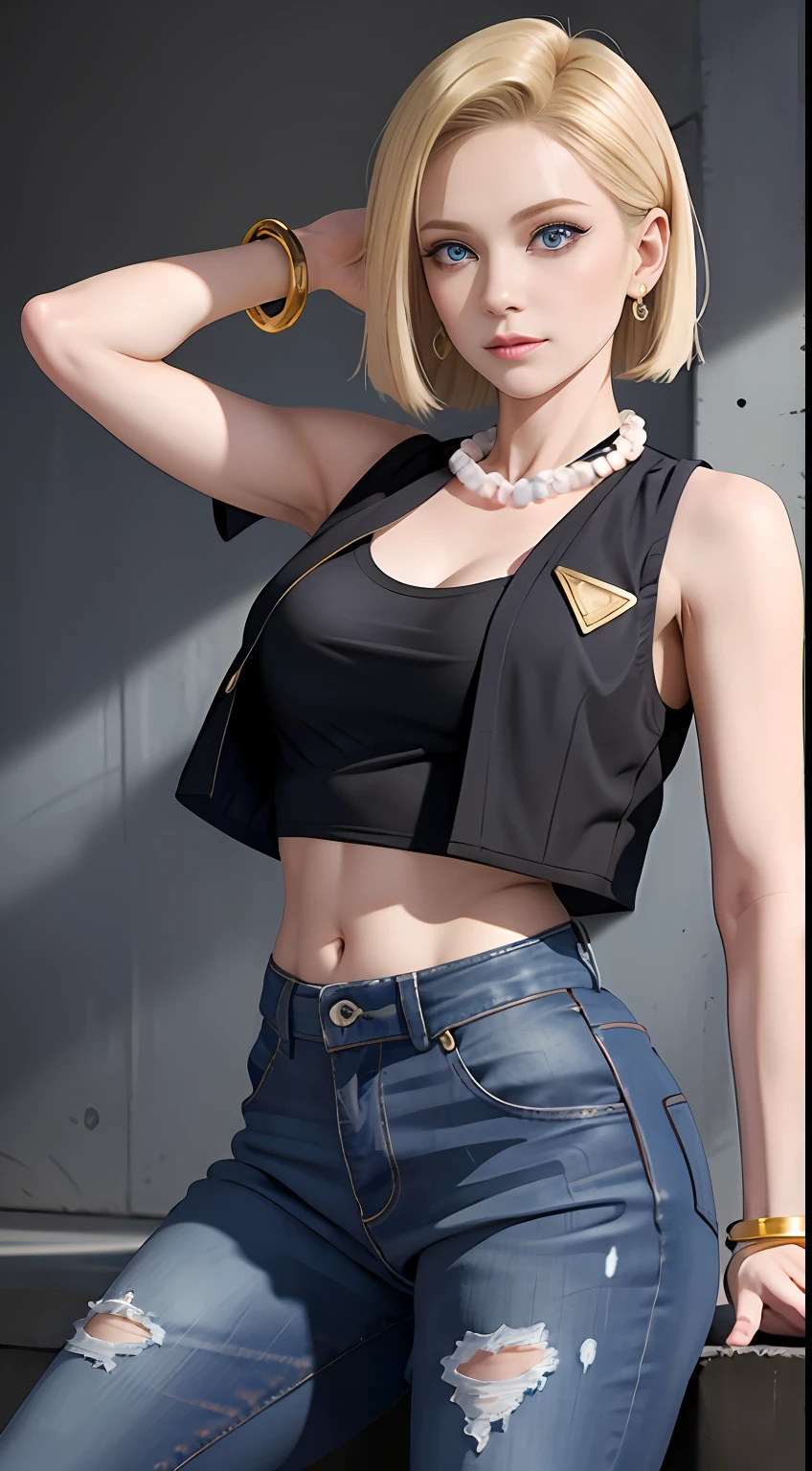 8k，Real picture，complexdetails，hyper-detailing，（realisticlying），
and18，1girll，Android18，blond hairbl，eBlue eyes，obi strip，denim pant， pearl_necklace，bangle，Black gloves，white  shirt，short detailed hair，short- sleeved，耳Nipple Ring，blue pants，Open the vest，black tanktop，
peace，flags，D-cups，