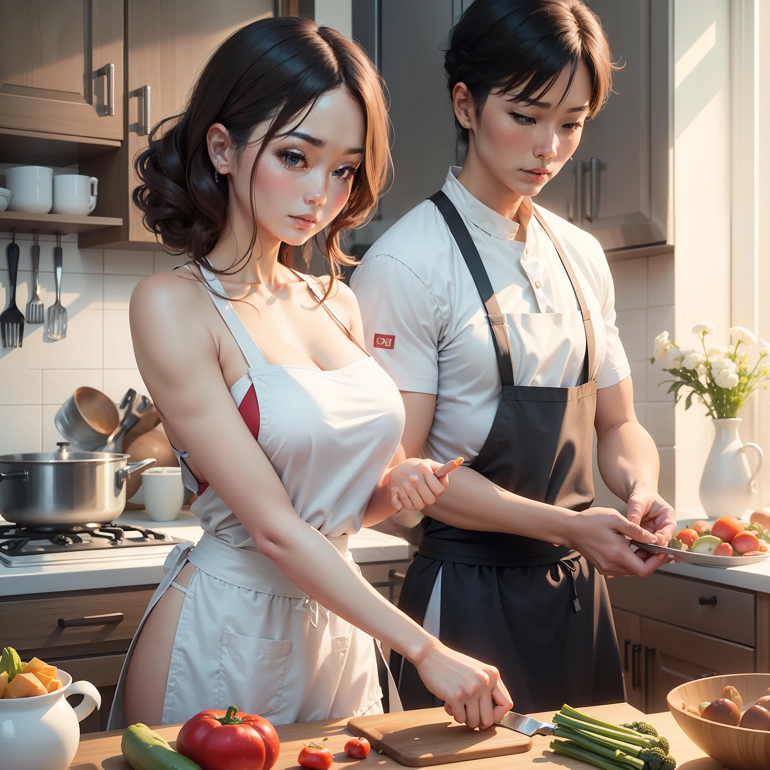 Woman in apron preparing vegetable meal in kitchen，Cut the salad，wearing apron，Cooking program，cooking a，holding a kitchen knife，delicacies，White apron，in a kitchen ，using fork，gourmet cooking，food stylist，Asian women，Asian woman，in a kitchen，confident holding vegetables，Asian woman behind a man stroking woman's chest