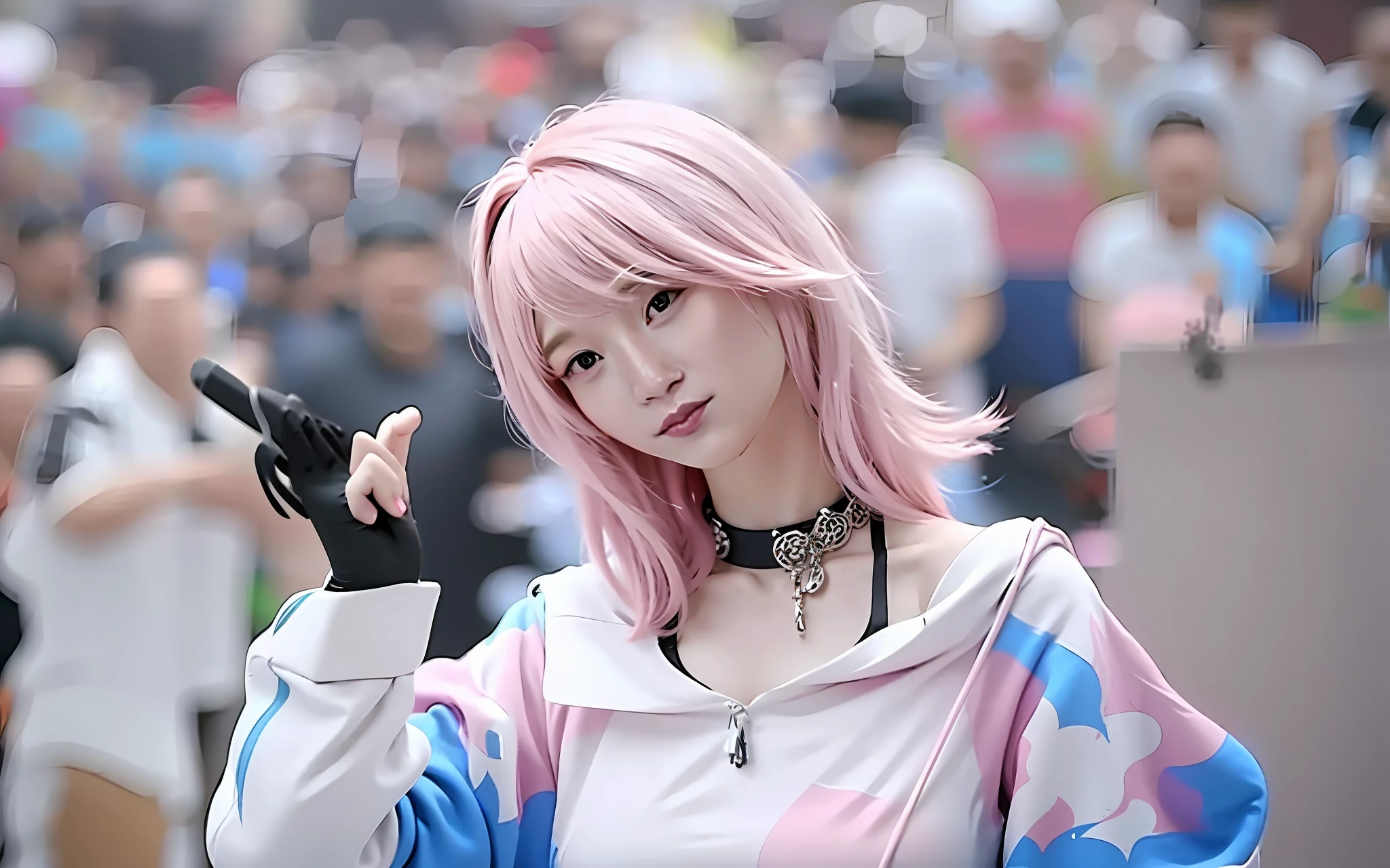 There is a woman with pink hair and a white shirt holding a peace sign, Anime girl cosplay, Anime cosplay, rpgmaker,professional cosplay, cosplay, Anime girl in real life, anime figure, cosplay foto, full-cosplay, anime figure,otto