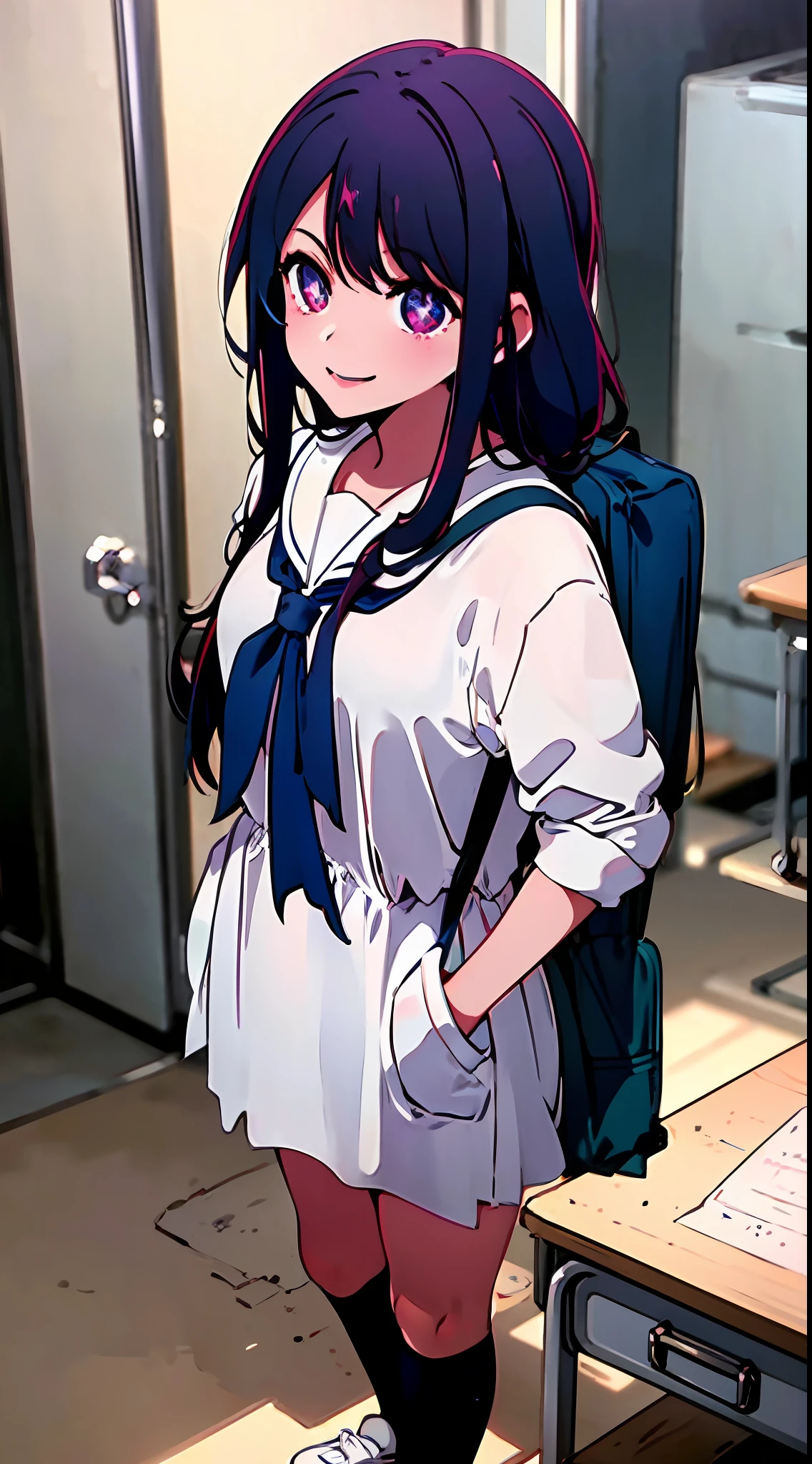 masterpiece, best quality, star-shaped pupils, at school, school sailor anime uniform, wearing backpack, sunny, happy expression, smiling, long hair, hair down, slim body, standing by lockers