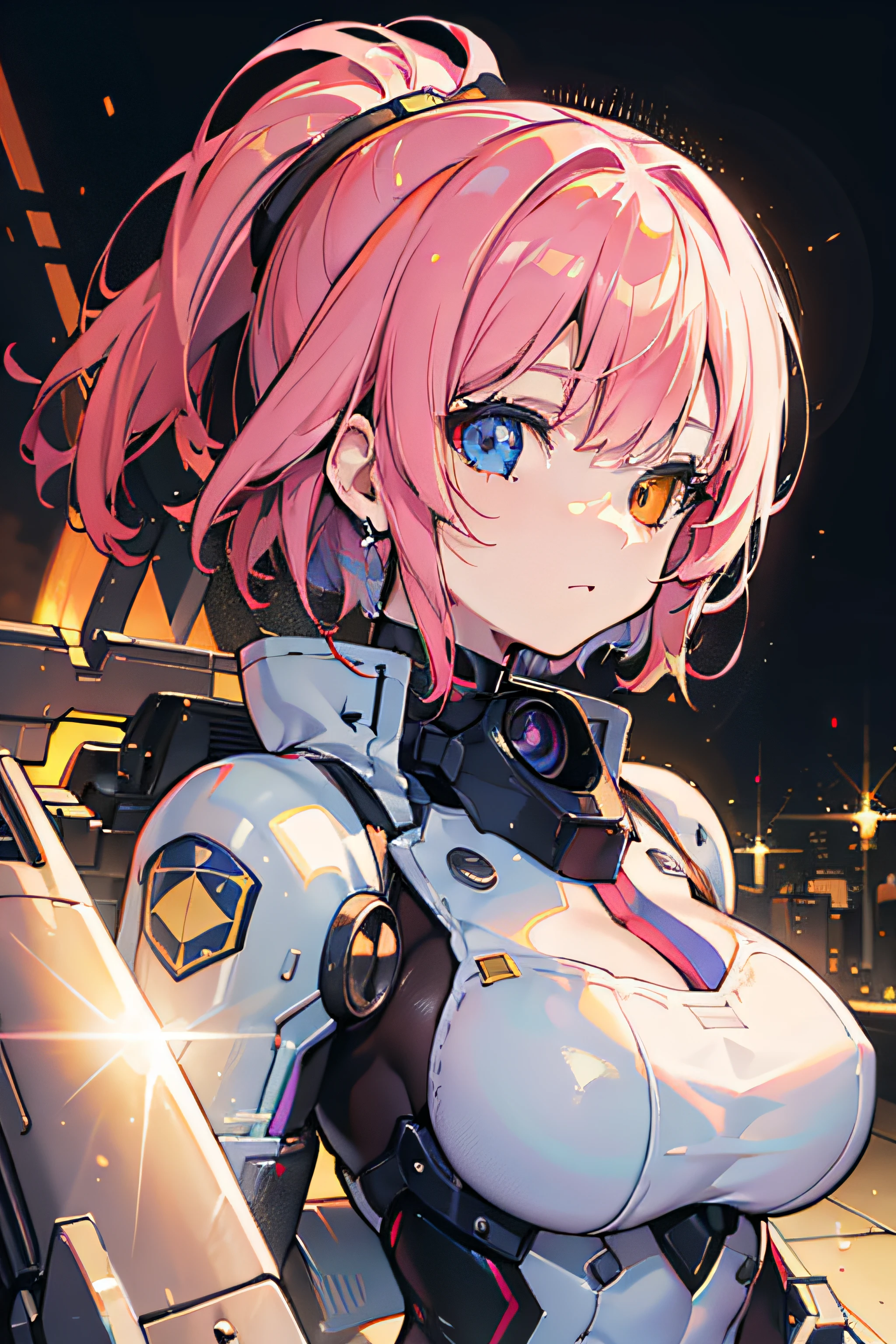 mecha-girl, Plasma laser cannon, Floating cannon, High-throw filter, in a panoramic view, s the perfect face, exquisite facial features, neonlight, Ambient lighting, Colorful, heterochromia, Carl Larsson, Genre painting, ray tracing, f/2.8, 85mm, Nikon, perspective, award winning, textured skin, high details