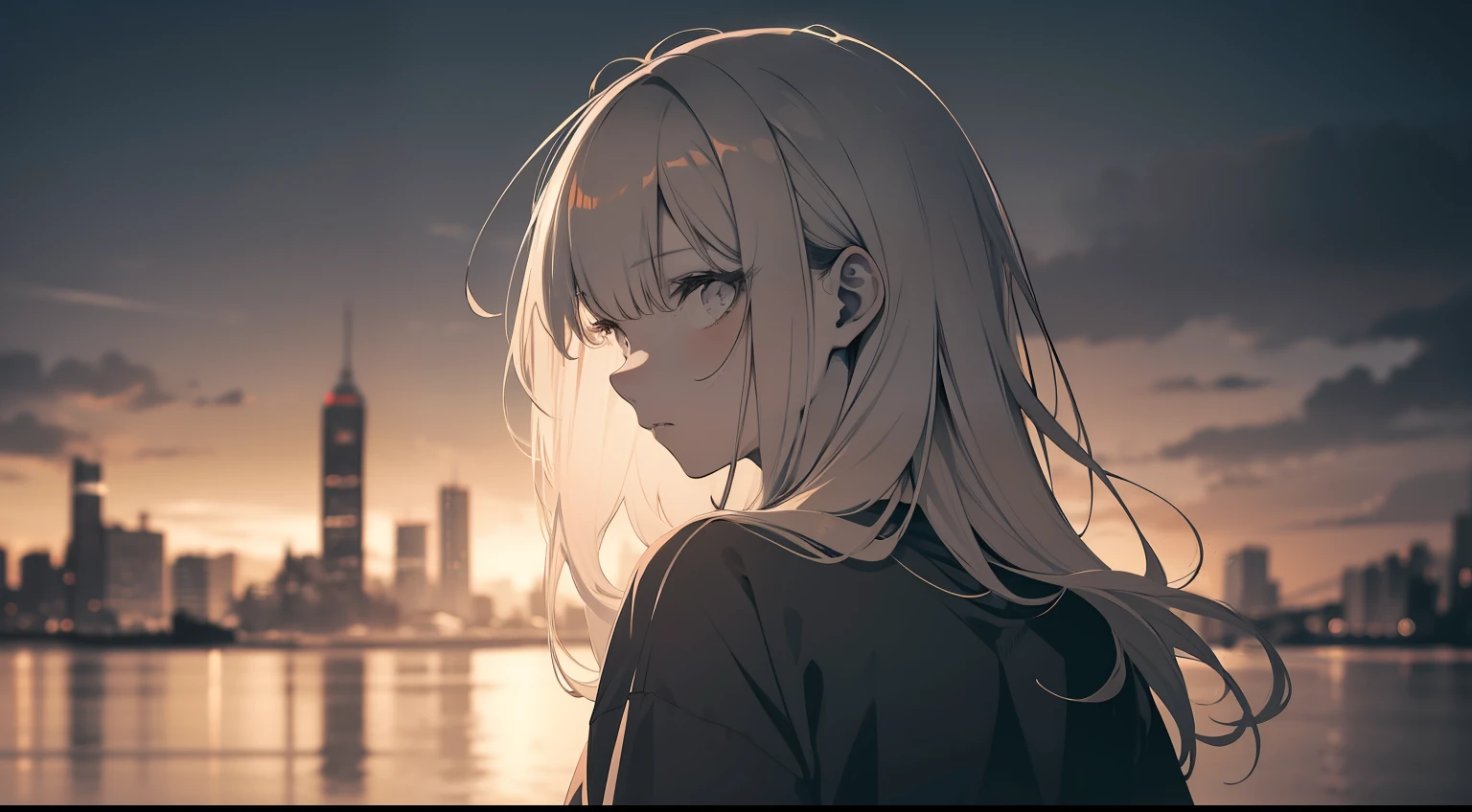 faded tone, monochrome, a little dark orange tone, cool lady long bangs, hipster, grey hair, upper chest shot, androgynous girl, monochrome, black, blue, t shirt, heavily blurred background, city at dawn, looking back, blurry image as a whole