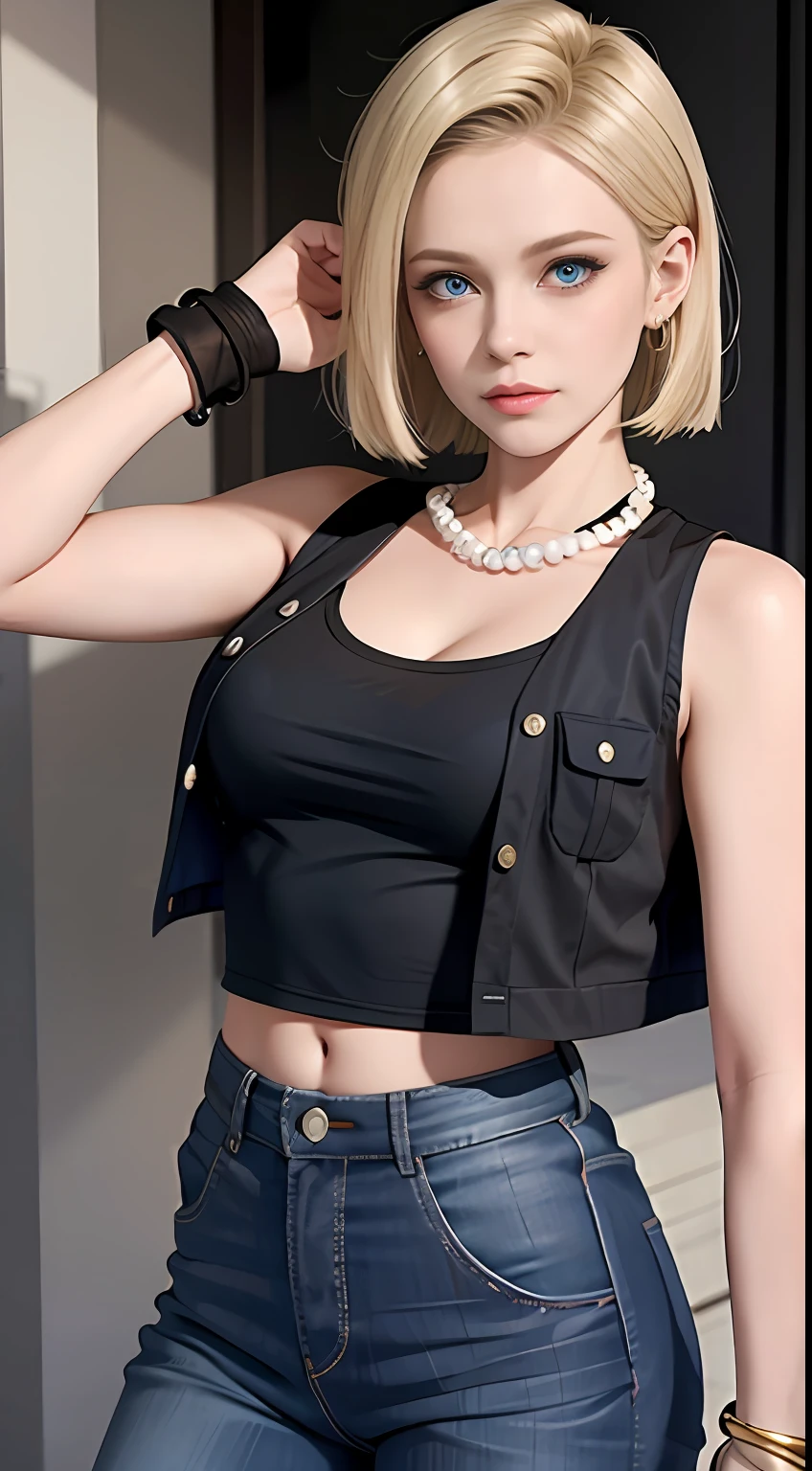 8K，Real picture，complexdetails，Hyper-detailing，（realisticlying），
and18，1girll，Android18，blond hairbl，eBlue eyes，obi strip，denim pant， the pearl_necklace，bangle，Black gloves，white  shirt，short detailed hair，short- sleeved，耳Nipple Ring，Blue pants，Open the vest，black tanktop，
peace，flags，G-cup，