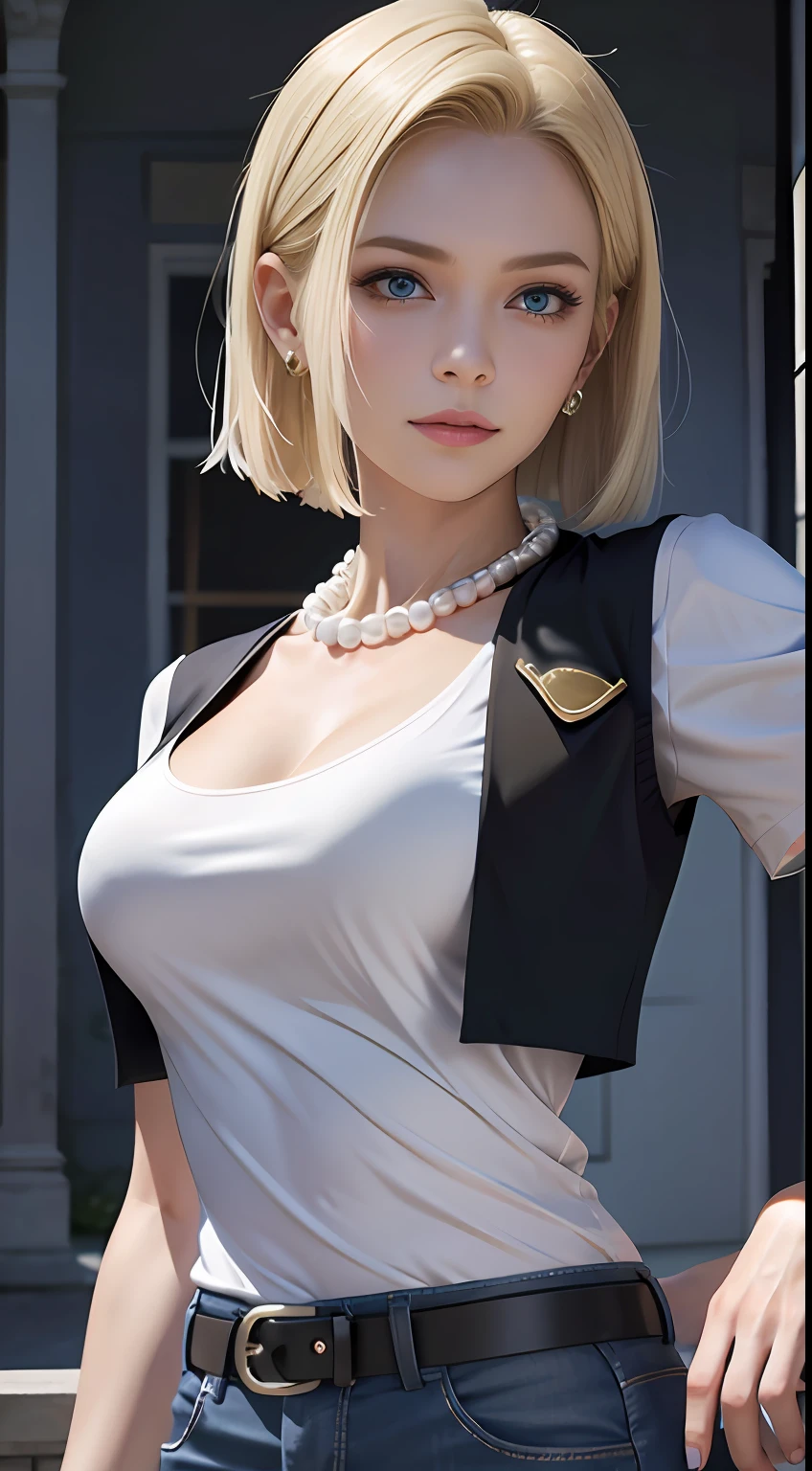 8K,Real picture,complexdetails,Hyper-detailing,(realisticlying),
and18,1girll,Android18,blond hairbl,eBlue eyes,obi strip,denim pant, the pearl_necklace,bangle,Black gloves,white shirt,short detailed hair,short- sleeved,耳Nipple Ring,Blue pants,Open the vest,black tanktop,
peace,flags,G-cup,