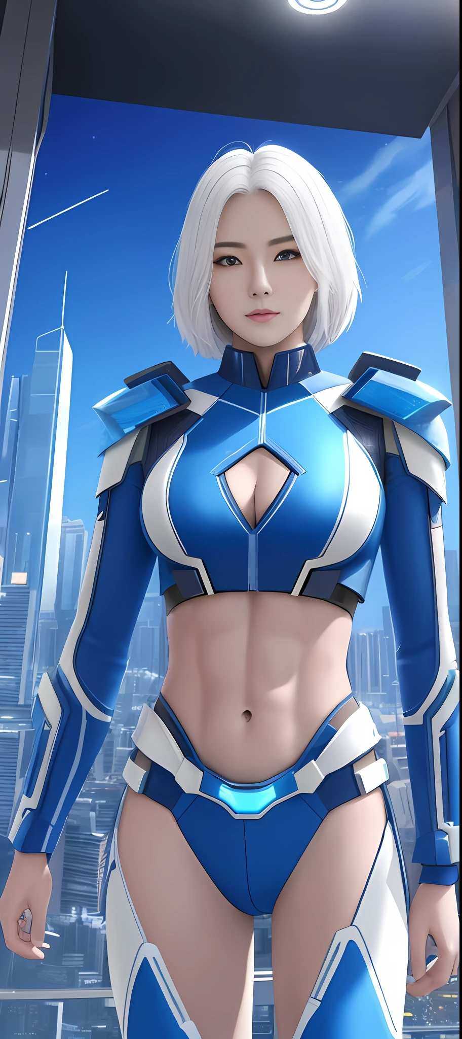 (tmasterpiece), (best qualtiy), 8K分辨率, ultra - detailed, photorealestic, photore, femele, with short white hair,Eight-pack abs,with a well-proportioned body,Toned arms,3DMM style,Incredibly huge breasts, Light shines from the front,Blue futuristic high-tech suit,Grand futuristic city background,Faraway view