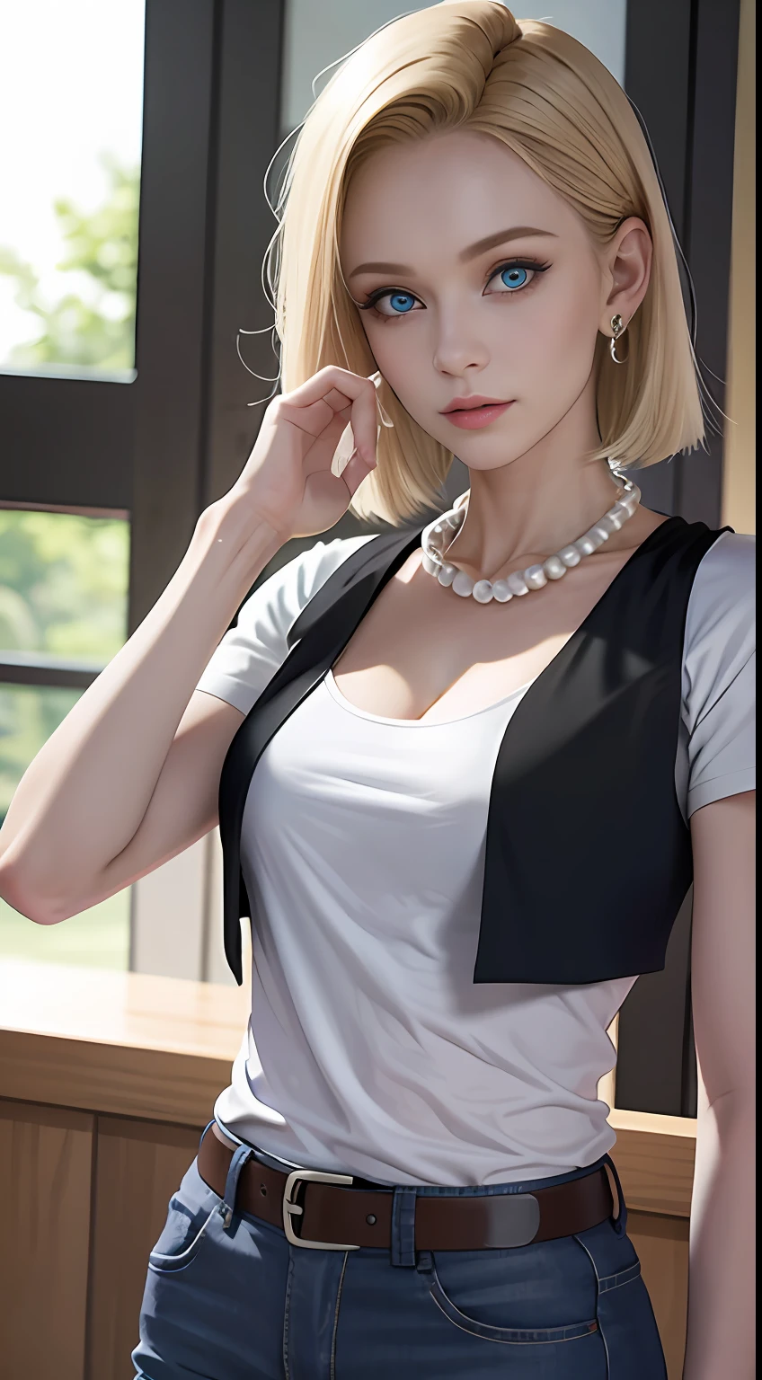 8K，Real picture，complexdetails，Hyper-detailing，（realisticlying），
and18，1girll，Android18，blond hairbl，eBlue eyes，obi strip，denim pant， the pearl_necklace，bangle，Black gloves，white  shirt，short detailed hair，short- sleeved，耳Nipple Ring，Blue pants，Open the vest，black tanktop，
peace，flags，G-cup，