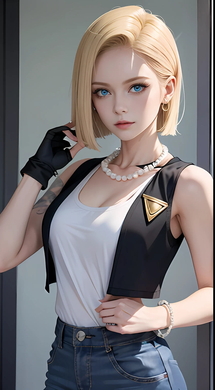 8K，Real picture，complexdetails，Hyper-detailing，（realisticlying），
and18，1girll，Android18，blond hairbl，eBlue eyes，obi strip，denim pant， the pearl_necklace，bangle，Black gloves，white  shirt，short detailed hair，short- sleeved，耳Nipple Ring，Blue pants，Open the vest，black tanktop，
peace，flags，G-cup，