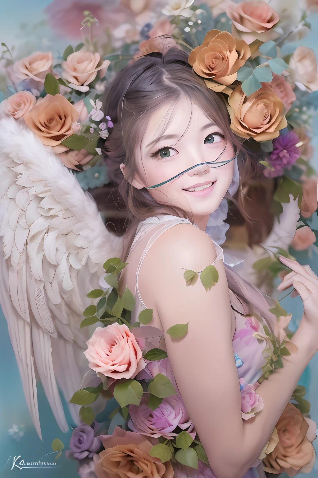 (Angel wings、😇、a smile、😌🥰Archaic Smile).hyper realstic、Ultra-realistic、Depiction of the human body without distortion、Monna Lisa、Woman in the Arms、Near and far law、Three-dimensional、Contemporary painting、moderno、world masterpiece、collection、Homage to the art or artist work of Picasso and Renoir, Not sentimental、Excellent portrayal、Gentle expression、More detailed character faces, Serious competition、Compositions like paintings、(Konmutsuki_Gacha_Series 1, punk_rosette), Realistic、Delicate brushwork、aqua color flowers, (Full body, elegant flowers background)