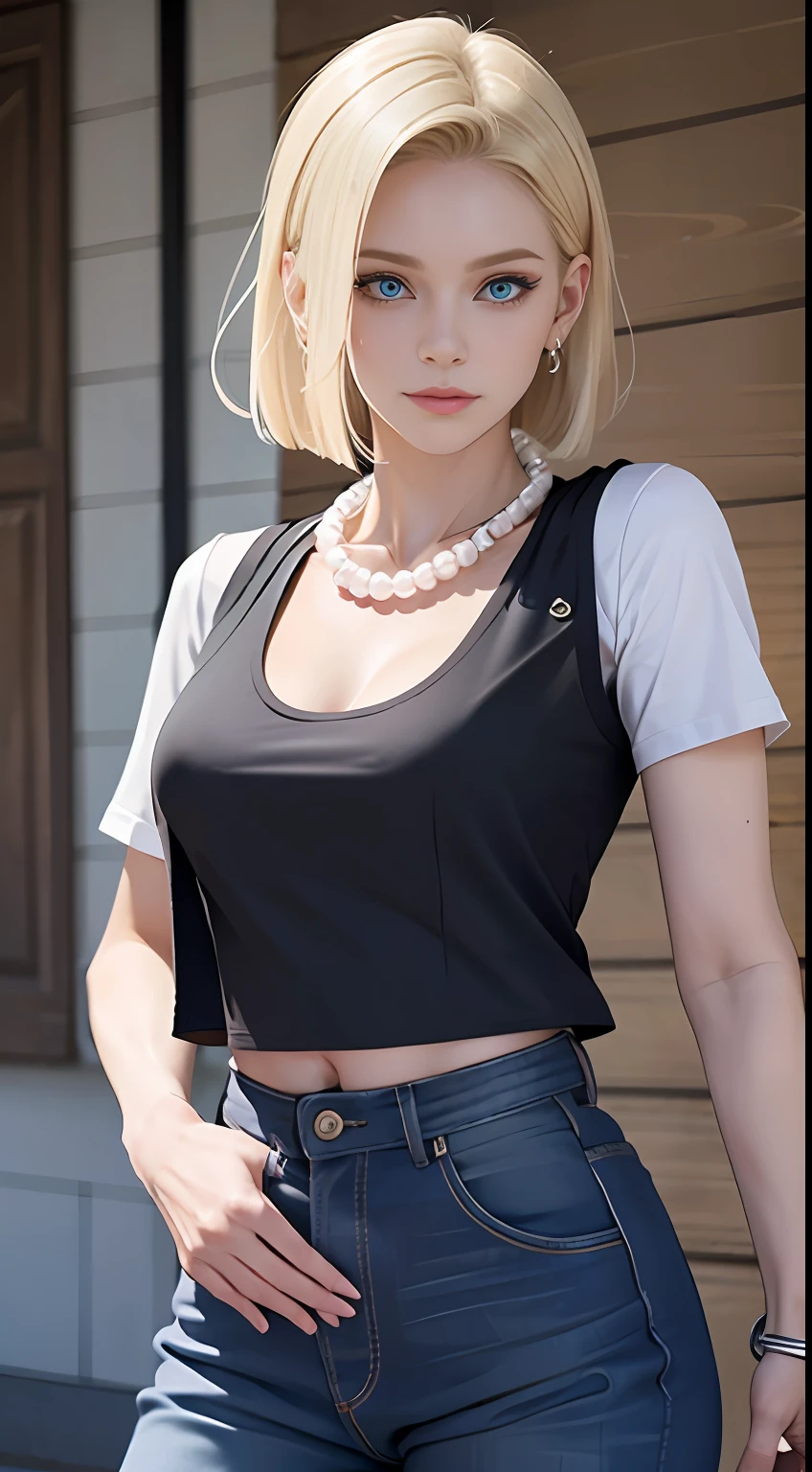 8K,Real picture,complexdetails,Hyper-detailing,(realisticlying),
and18,1girll,Android18,blond hairbl,eBlue eyes,obi strip,denim pant, the pearl_necklace,bangle,Black gloves,white shirt,short detailed hair,short- sleeved,耳Nipple Ring,Blue pants,Open the vest,black tanktop,
peace,flags,G-cup,
