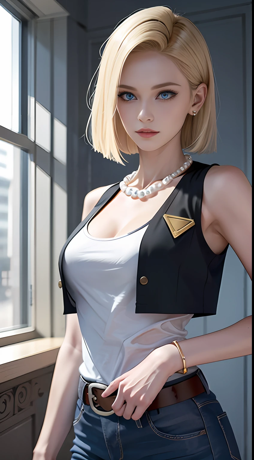 8K,Real picture,complexdetails,Hyper-detailing,(realisticlying),
and18,1girll,Android18,blond hairbl,eBlue eyes,obi strip,denim pant, the pearl_necklace,bangle,Black gloves,white shirt,short detailed hair,short- sleeved,耳Nipple Ring,Blue pants,Open the vest,black tanktop,
peace,flags,G-cup,