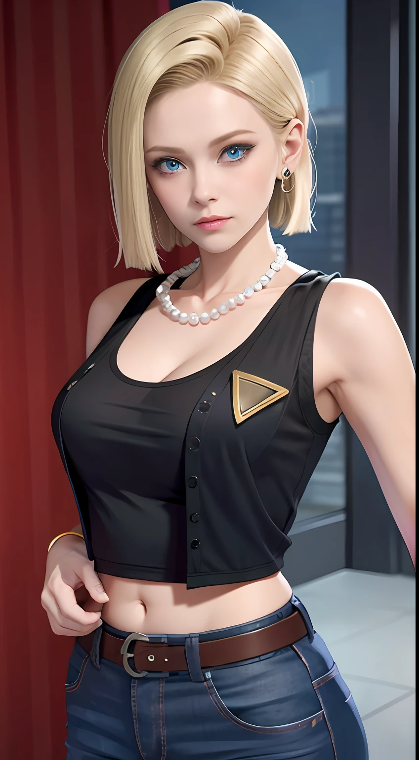 8K，Real picture，complexdetails，Hyper-detailing，（realisticlying），
and18，1girll，Android18，blond hairbl，eBlue eyes，obi strip，denim pant， the pearl_necklace，bangle，Black gloves，white  shirt，short detailed hair，short- sleeved，耳Nipple Ring，Blue pants，Open the vest，black tanktop，
peace，flags，G-cup，