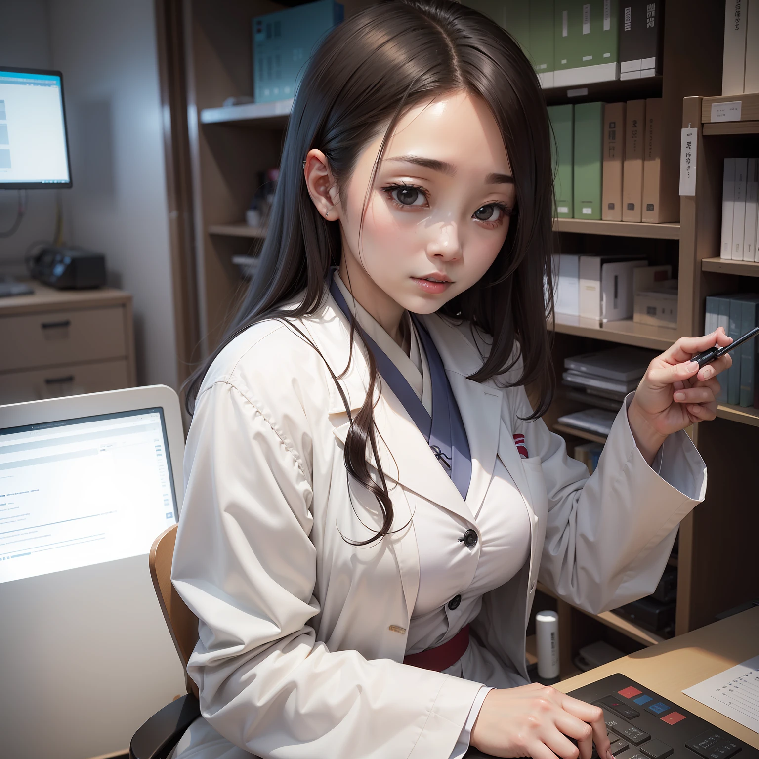 Woman in white coat、researcher、2-dimensional、japanes