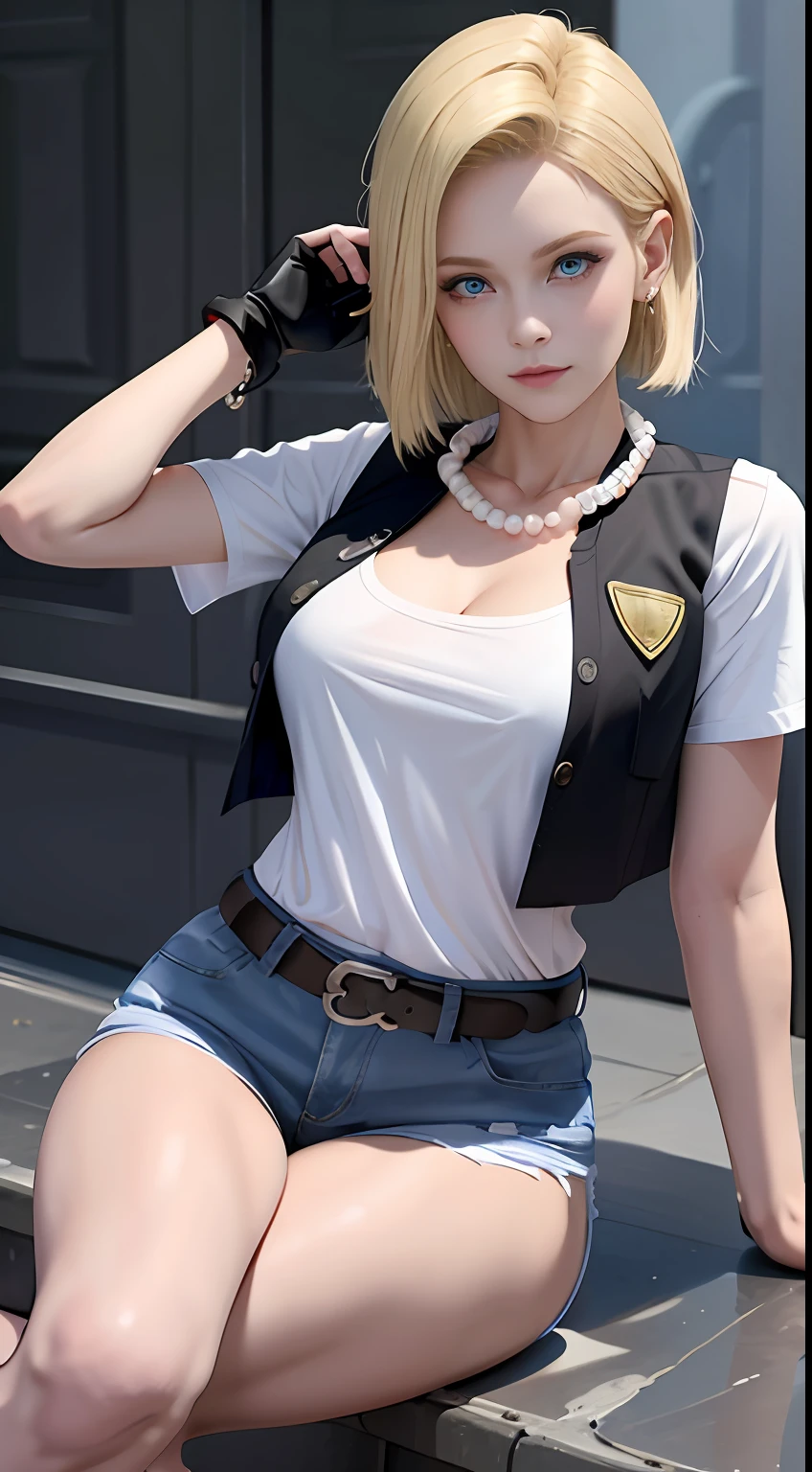 8K,Real picture,complexdetails,Hyper-detailing,(realisticlying),
and18,1girll,Android18,blond hairbl,eBlue eyes,obi strip,denim pant, the pearl_necklace,bangle,Black gloves,white shirt,short detailed hair,short- sleeved,耳Nipple Ring,Blue pants,Open the vest,black tanktop,
peace,flags,G-cup,