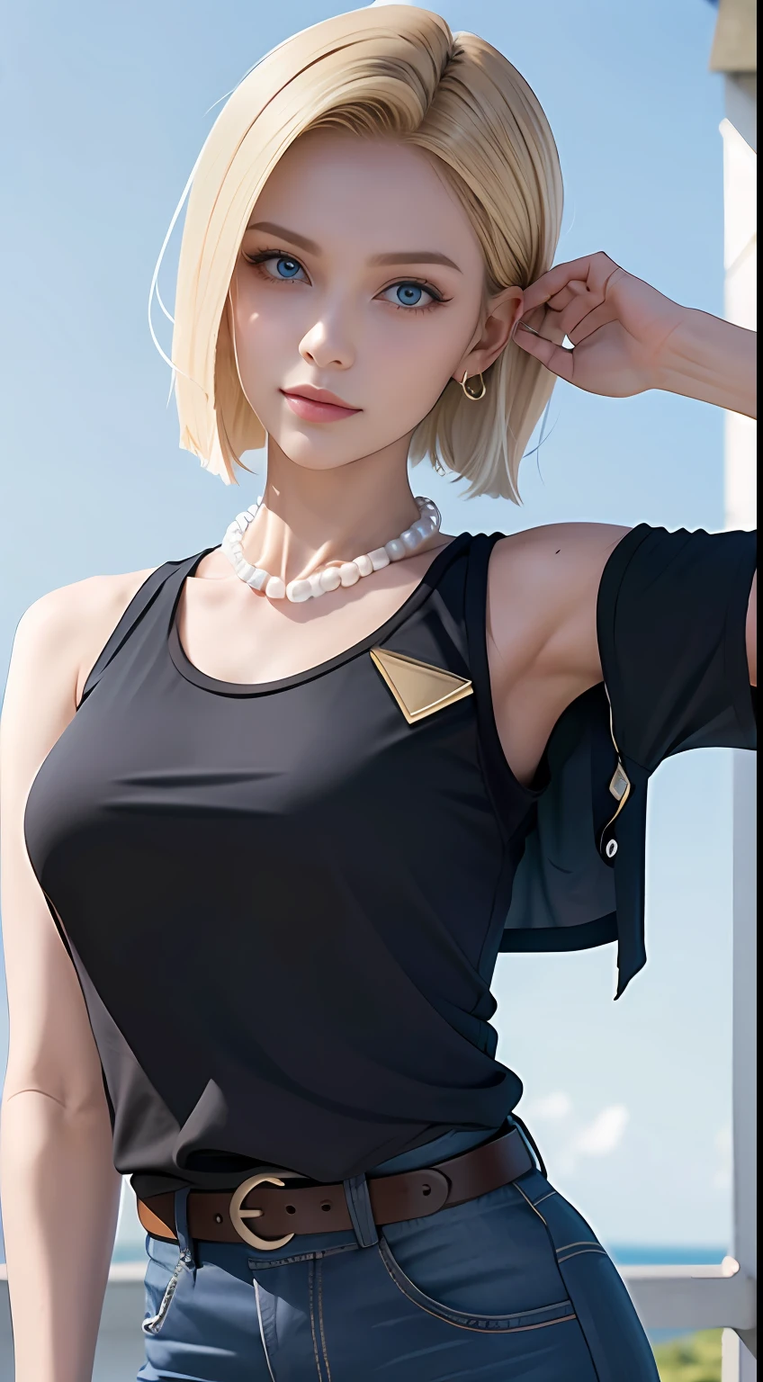 8K，Real picture，complexdetails，Hyper-detailing，（realisticlying），
and18，1girll，Android18，blond hairbl，eBlue eyes，obi strip，denim pant， the pearl_necklace，bangle，Black gloves，white  shirt，short detailed hair，short- sleeved，耳Nipple Ring，Blue pants，Open the vest，black tanktop，
peace，flags，G-cup，