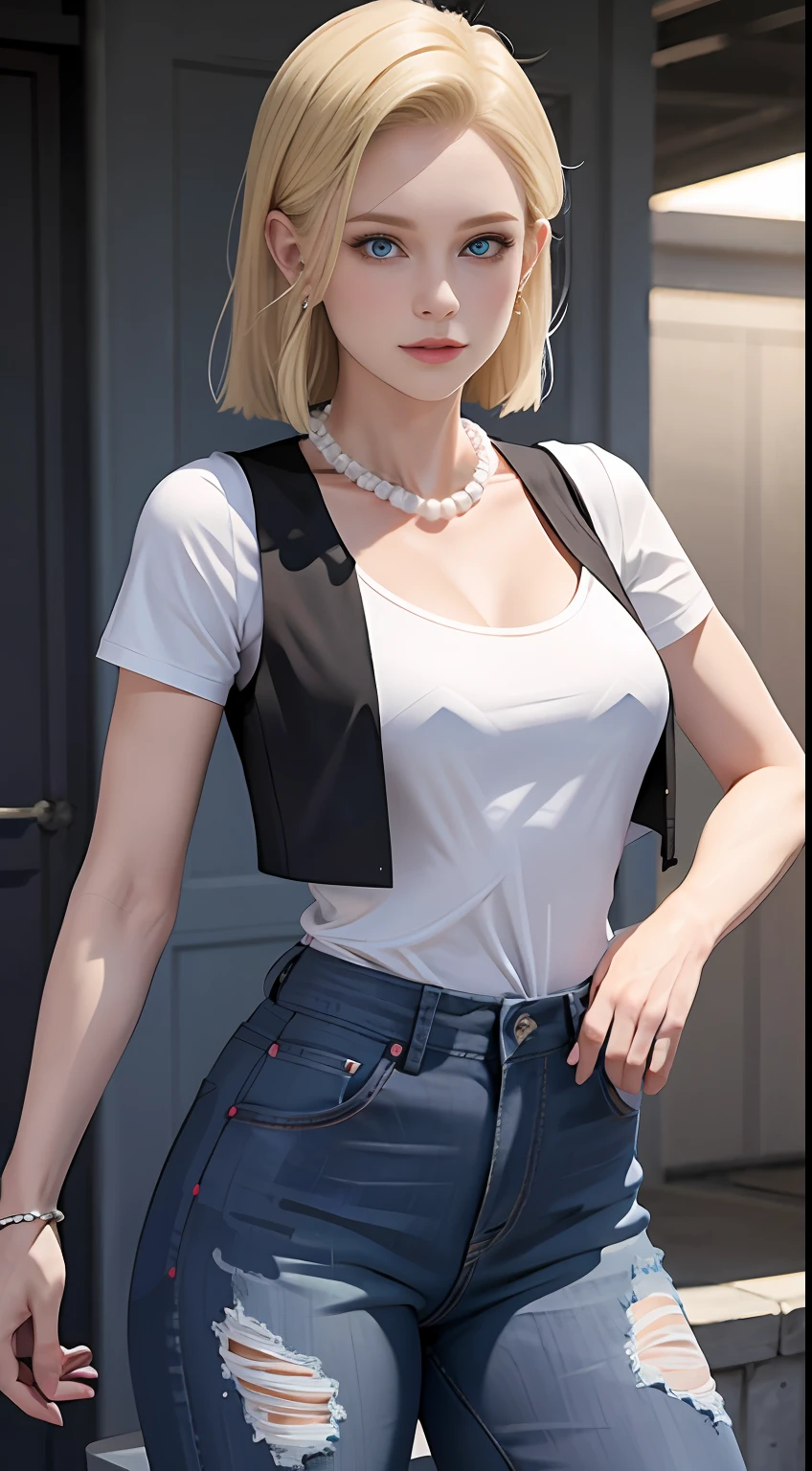 8K,Real picture,complexdetails,Hyper-detailing,(realisticlying),
and18,1girll,Android18,blond hairbl,eBlue eyes,obi strip,denim pant, the pearl_necklace,bangle,Black gloves,white shirt,short detailed hair,short- sleeved,耳Nipple Ring,Blue pants,Open the vest,black tanktop,
peace,flags,G-cup,