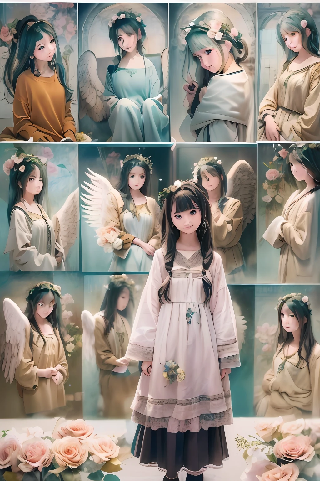 (Angel wings、😇、a smile、😌🥰Archaic Smile).hyper realstic、Ultra-realistic、Depiction of the human body without distortion、Monna Lisa、Woman in the Arms、Near and far law、Three-dimensional、Contemporary painting、moderno、world masterpiece、collection、Homage to the art or artist work of Picasso and Renoir, Not sentimental、Excellent portrayal、Gentle expression、More detailed character faces, Serious competition、Compositions like paintings、(Konmutsuki_Gacha_Series 1, punk_rosette), Realistic、Delicate brushwork、aqua color flowers, (Full body, elegant flowers background)