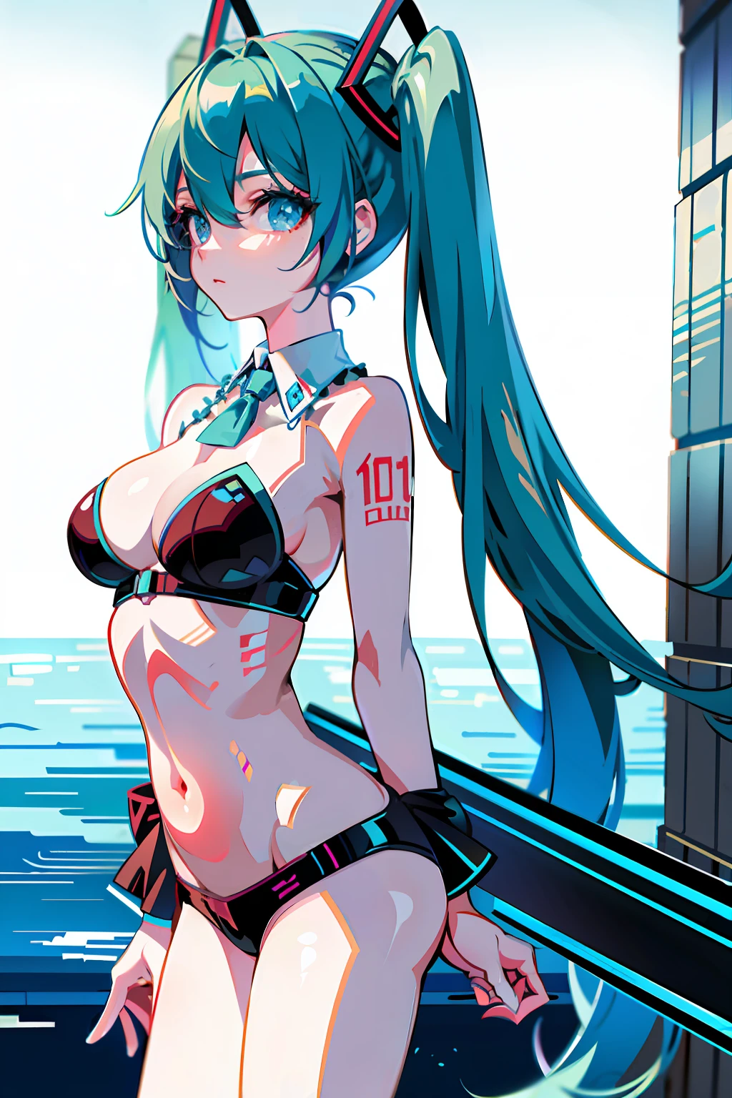 （tmasterpiece，top-quality，best qualityer），pix，pixelart，1girll，Big breasts Hatsune Miku，full bodyesbian，swim wears