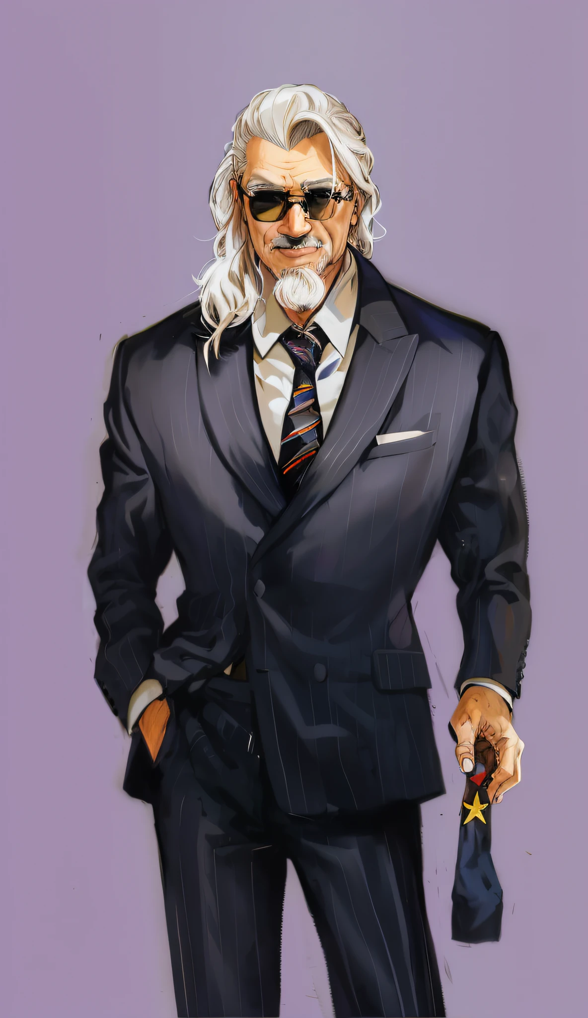 Caricature of an old man in a suit, Delicate black sunglasses，Daisaku，villain，Detail portrays the face，