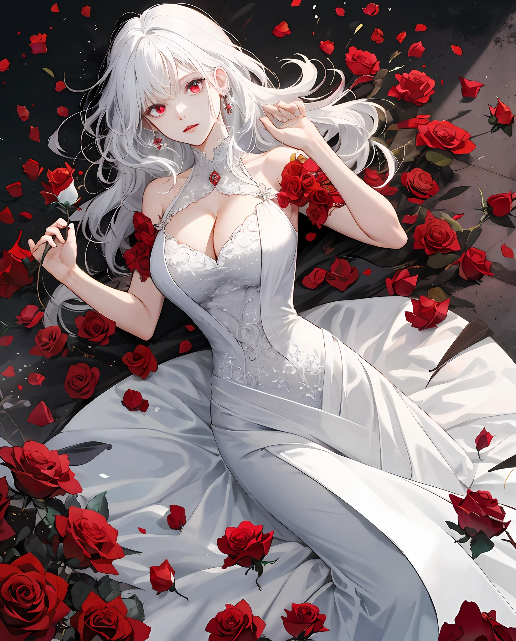 Highest image quality，white color hair，red color eyes，A look of mourning，Lori huge breasts cleavage，Wear a funeral dress，Roses in hand