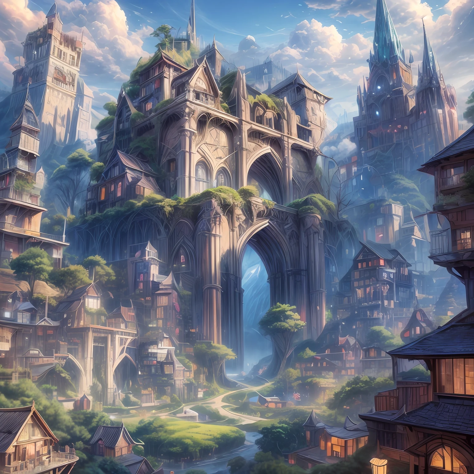 The background is an anime scene from the castle tree，Kamagurka concept art, Pixiv competition winner, Fantasyart, Anime background art, Anime concept HDR anime Macmanus, Highly detailed digital art in 4K, background artwork, Anime epic artwork, Anime landscape concept art, 4K detailed digital art, Made from trees and fantasy valley.