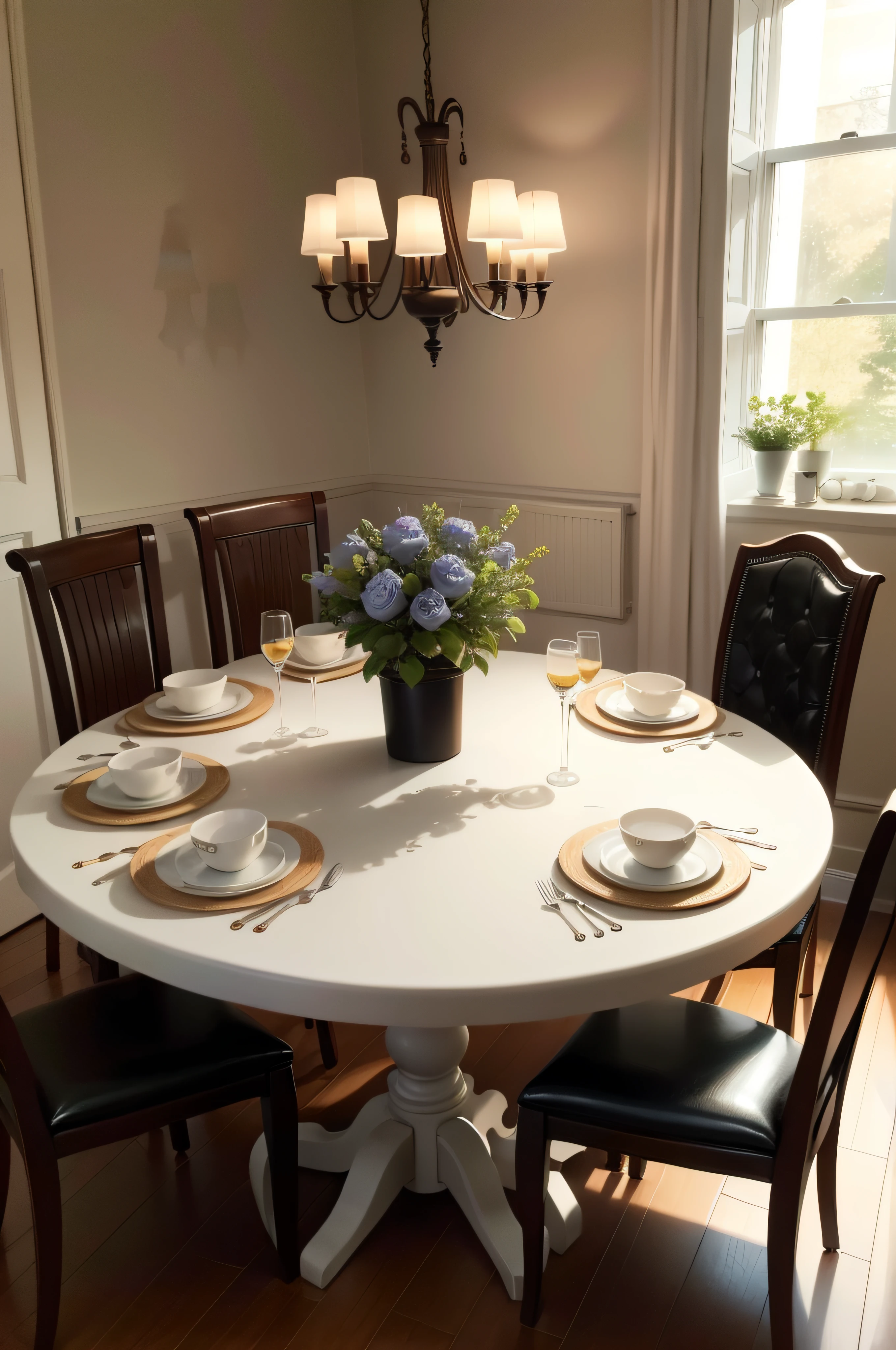 Dining table, six cutlery sets, six chairs