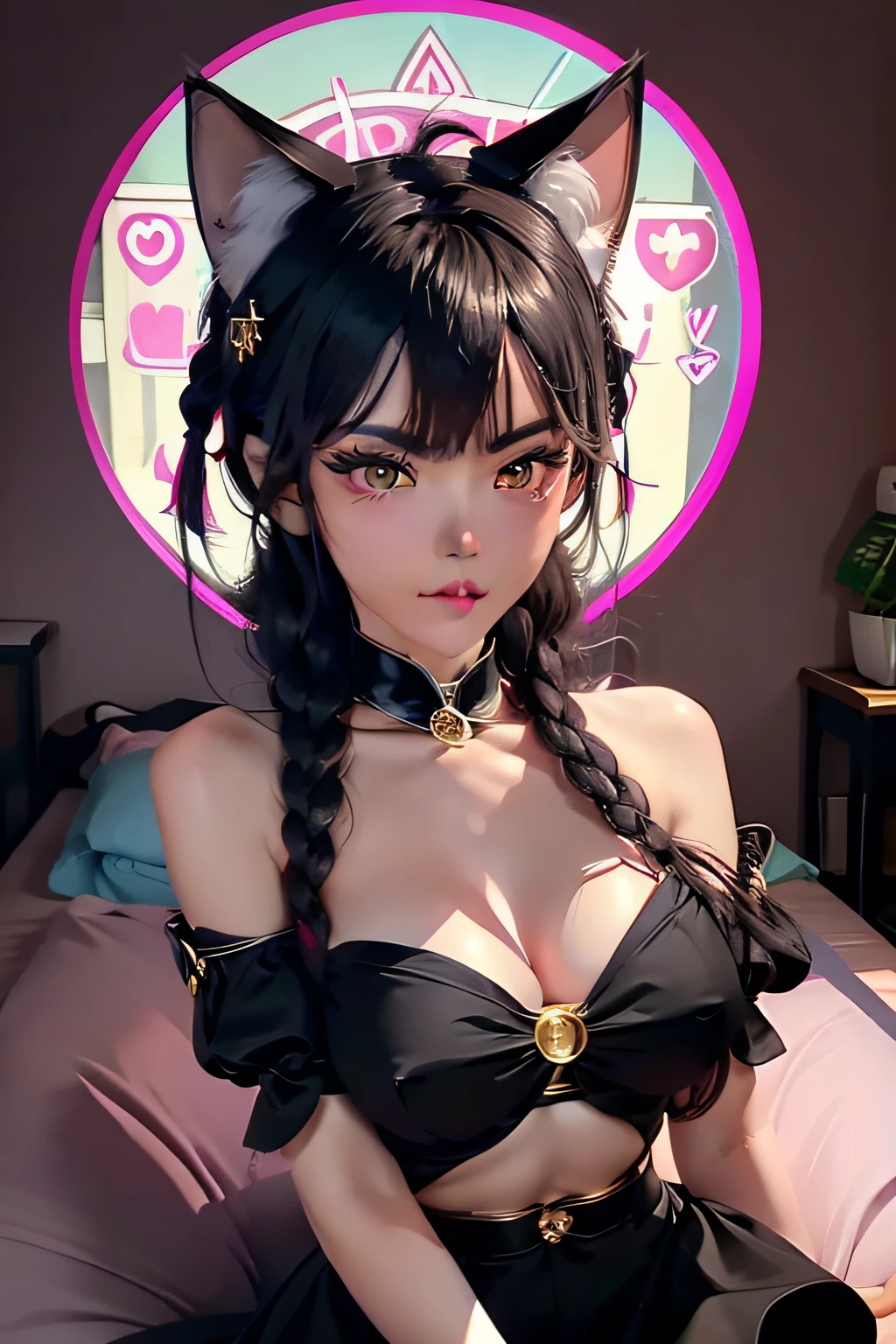 black hair, hair bobbles, wince, longeyelashes, solid circle eyes, fake animal ears, ear blush, fang, heart-shaped pupils, cat ears, blush, Surrealism, drop shadow, anaglyph, stereogram, tachi-e, pov, atmospheric perspective, 8k, super detail, ccurate