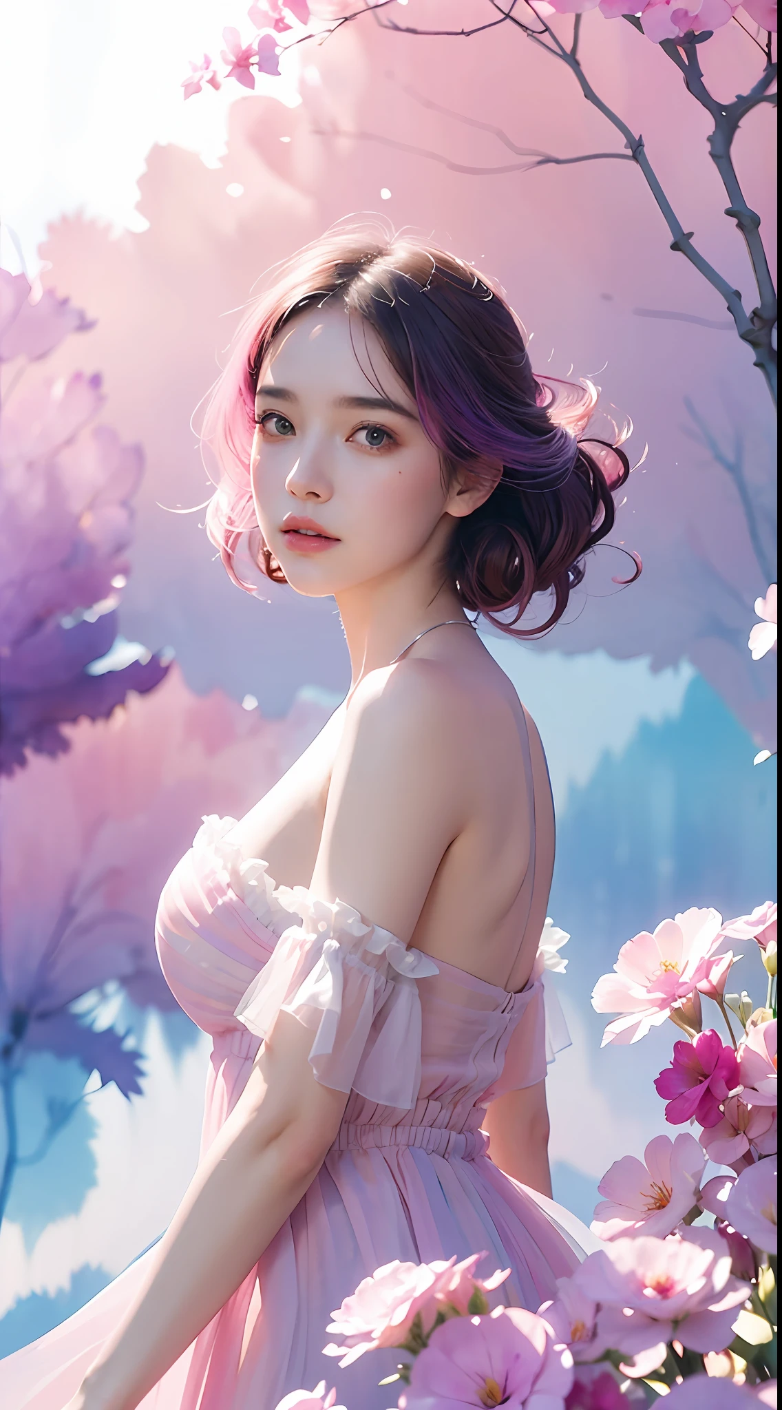 1girl,flower, Lisianthus ,in the style of light pink and light azure, dreamy and romantic compositions, pale pink, ethereal foliage, playful arrangements,fantasy, high contrast, ink strokes, explosions, over exposure, purple and red tone impression , abstract, ((watercolor painting by John Berkey and Jeremy Mann )) brush strokes, negative space,