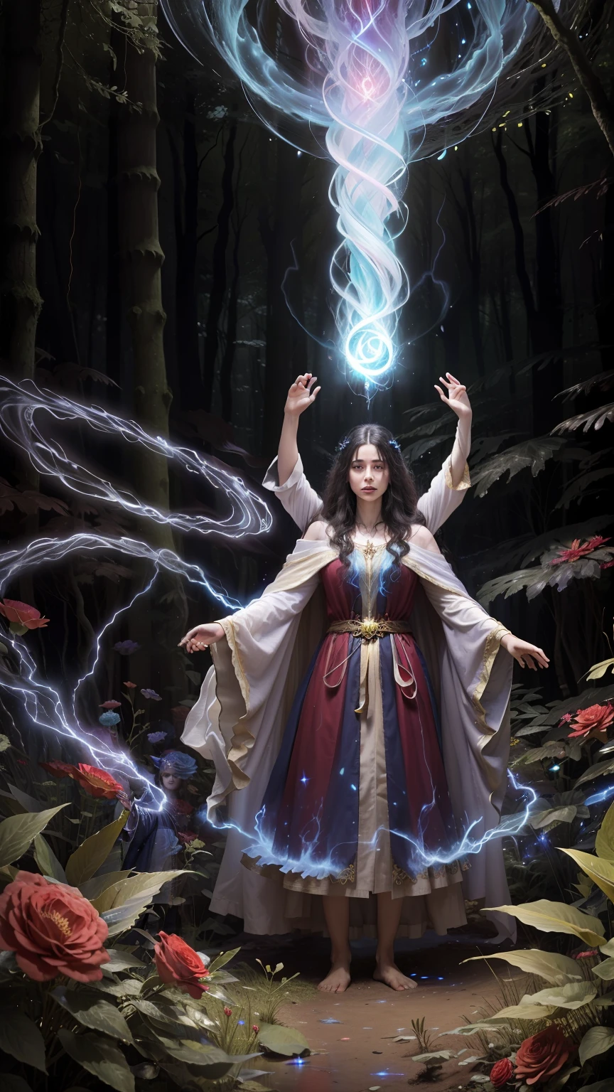 A powerful wizard, standing in a mystical forest. Their flowing robes adorned with symbols, arms outstretched, eyes sparkling with arcane energy. As their incantation escapes their lips, vibrant, swirling patterns of dark magic manifest in the air, pulsating with hues of reds and blues. Enchantment permeates, causing flowers to bloom, creatures to gaze in awe. Wisps of magic energy dance, revealing hidden realms, unlocking secrets. Capture the essence of this spellbinding moment, bringing the mystic power of the dark enchantment to life on the canvas with the highest quality and detail. Best quality, masterpiece, ultra high res, (photorealistic:1.4), raw photo, sharp focus, HDR, detailed skin.