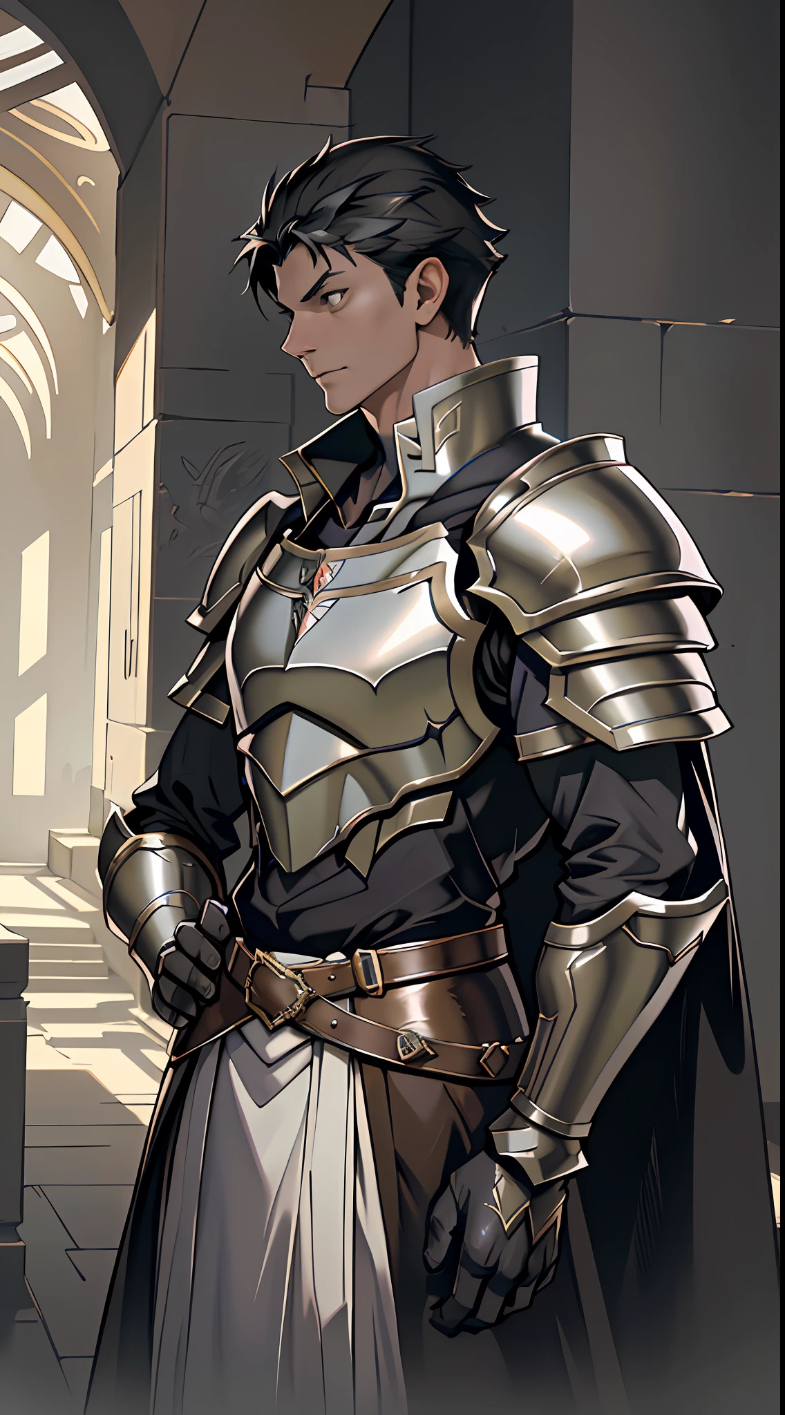 Portrait of a man, 1boy, Solo, Stand quietly, Heroes, A hero never seen before, jawline, Male, Epic, Handsome, prince, warrior, Silver armor, hyperdetailed 3d matte painting, cinemascope panoramic, awe inspiring, landscape, Natural skin texture,  Sharp focus, ((Cinematic look)), insanely details, Intricate details, greg rutkovsky、Works of art by Caravaggio and Alphonse Mucha, analogue style, Castle, inside castle, Calm environment,