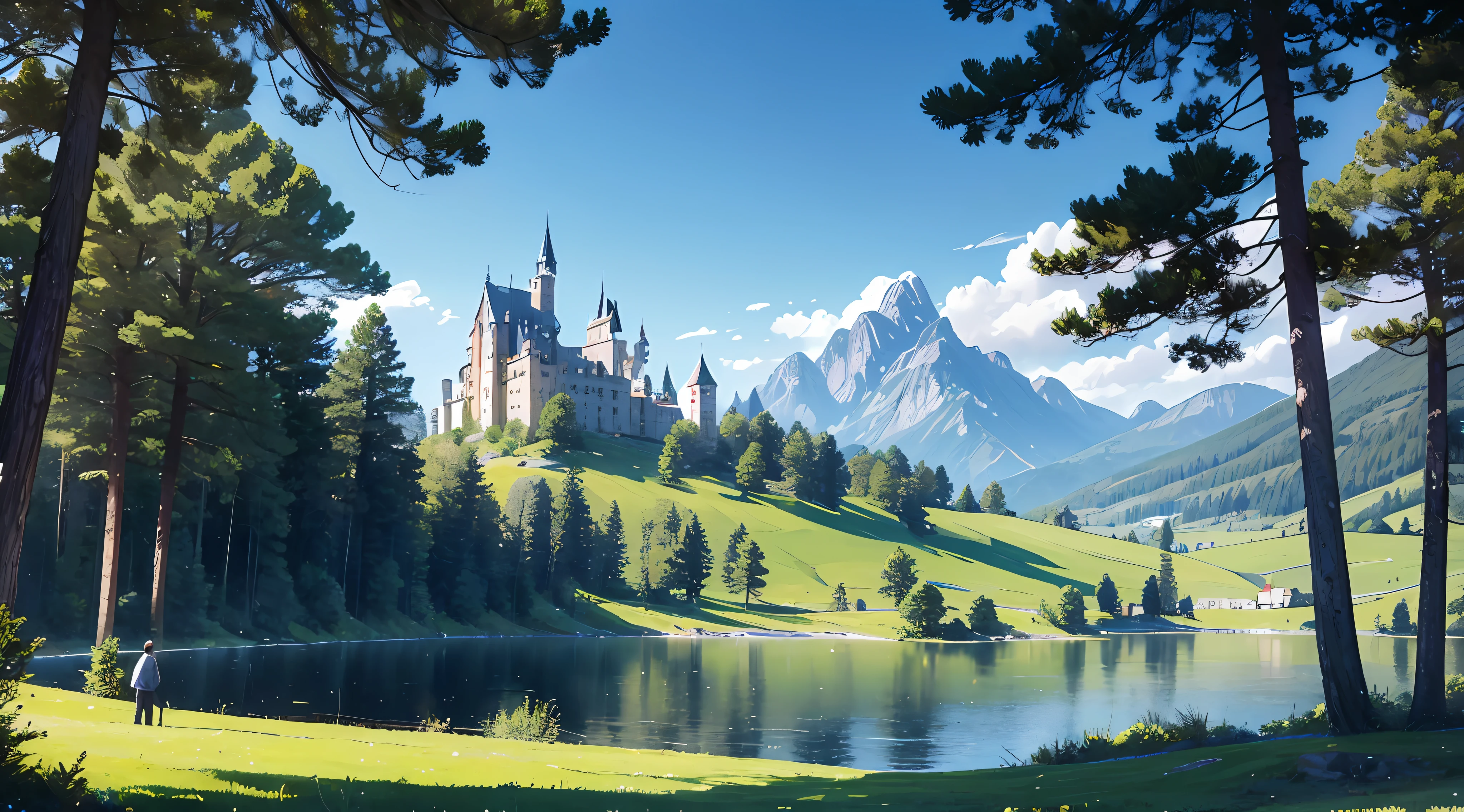 1man, landscape, green fields, pine trees, blue lake, beautiful sky, castle in the background, small mountains in the distance