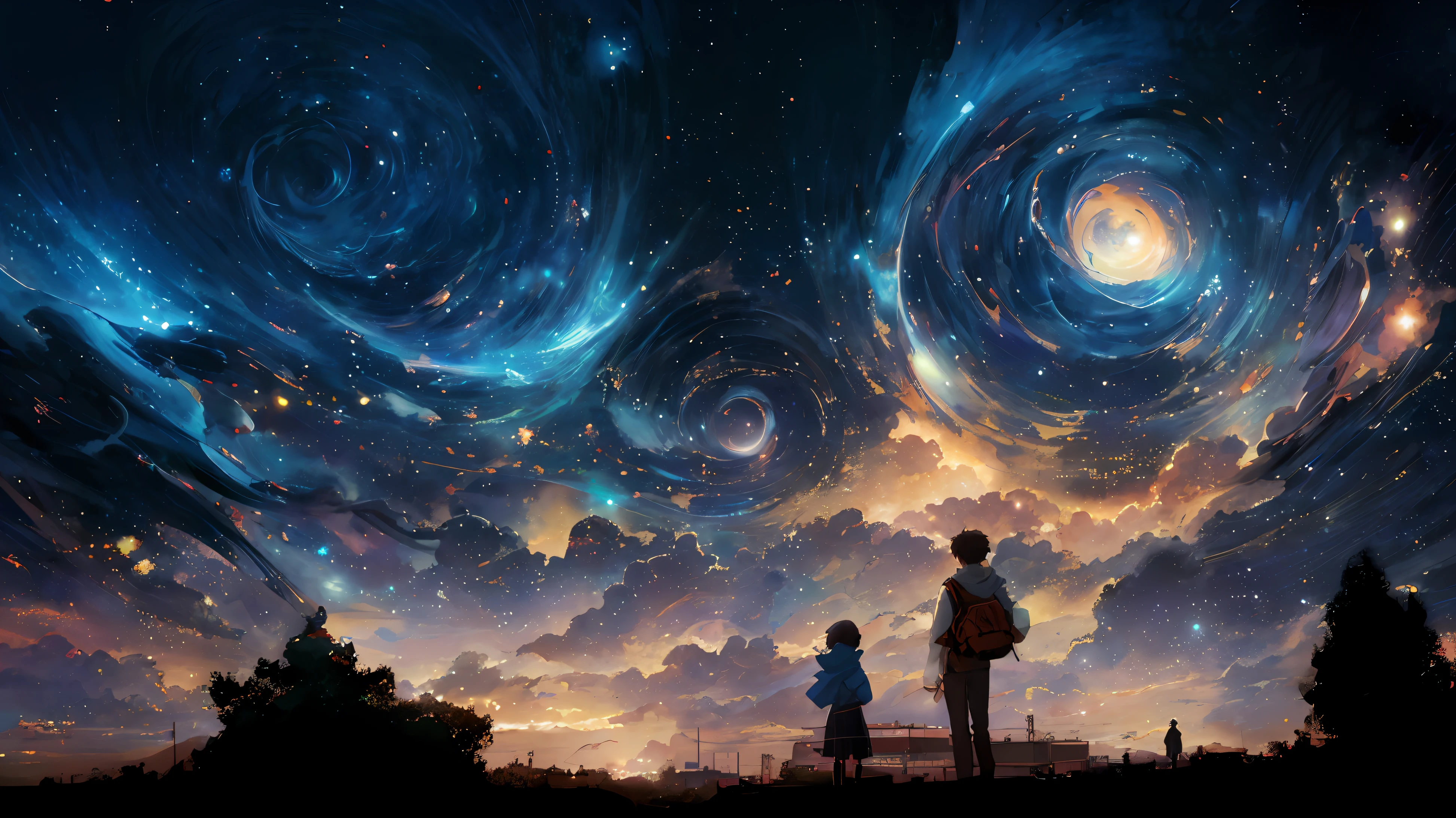 anime scene of a group of people standing in front of a starr sky, anime art wallpaper 4k, anime art wallpaper 4 k, anime art wallpaper 8 k, 4k highly detailed digital art, 4k anime wallpaper, anime wallpaper 4 k, anime wallpaper 4k, beautiful art uhd 4 k, starry sky 8 k, makoto shinkai cyril rolando