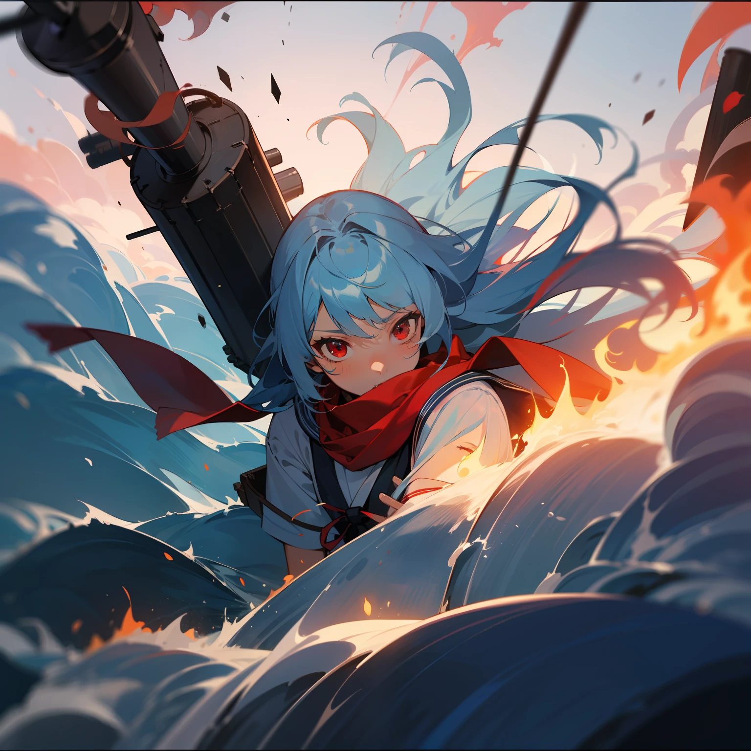 artistic photograph, Real light and shadow ,flame,great waves,Smoke, explosion,((sailor suit)),Warship, torpedoes, naval guns,1 beautiful girl,Injured, bleeding,The upper part of the body,(((Long light blue hair))),hair hoop,Red eyes,(long hair),(Red scarf),windy