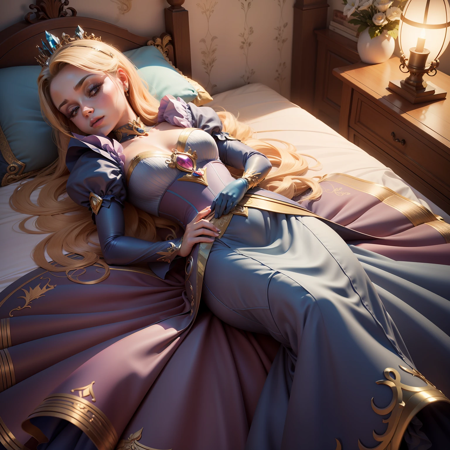 "A Bela Adormecida", lindo vestido de princesa, Disney pixar |, realista, Jardim encantado, disco Rigido, ....3d, 8k, super realista, dormindo