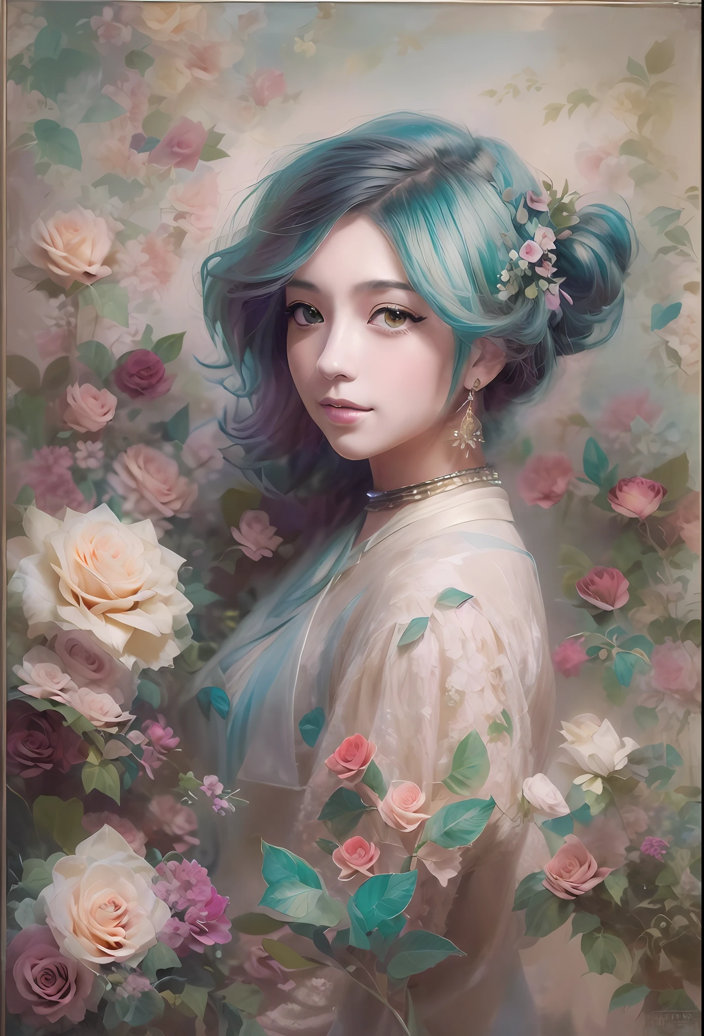 low angles、(catss、😇、A smile、😌🥰Archaic Smile).hyper realstic、Ultra-realistic、Depiction of the human body without distortion、Monna Lisa、Woman in Arms、Near and far law、Three-dimensional、Contemporary painting、moderno、world masterpiece、collection、Homage to the art or artist work of Picasso and Renoir, Not sentimental、Excellent portrayal、Gentle expression、More detailed character faces, Serious competition、Compositions like paintings、(Konmutsuki_Gacha_Series 1, punk_rosette), Realistic、Delicate brushwork、aqua color flowers, (Full body, elegant flowers background)