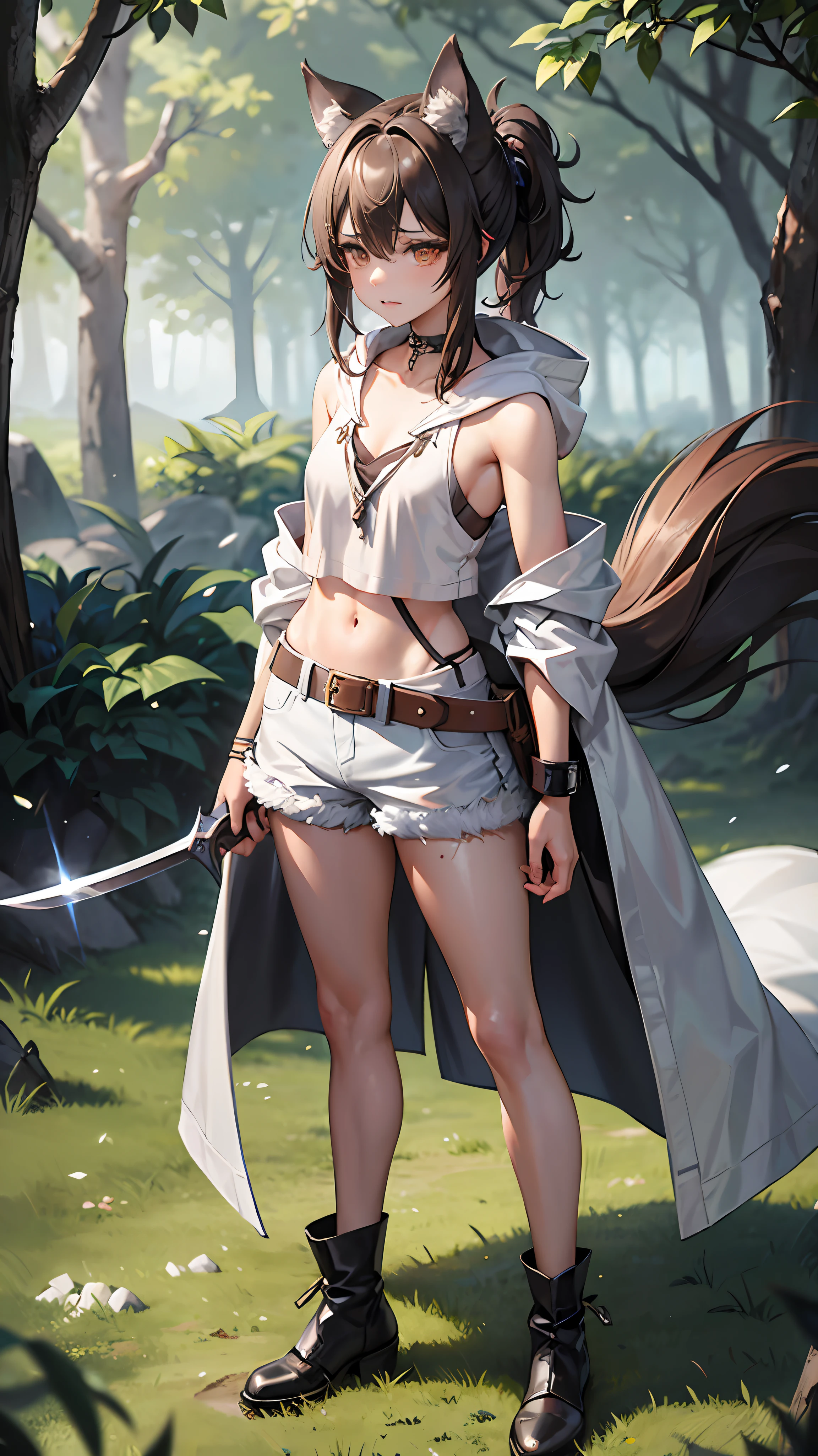 Works of masters,8K分辨率,depth of fields,Faraway view,Full body shot,Full body photo,(Exquisite facial features),s the perfect face,Glowing skin,Kizi,16 yaers old,Wolf ears,Heterochromic pupils,Hair over the shoulder,Brown hair,slanted bangs,Split ponytail,Messy hair,Wristbands,Tattered white V-neck short vest,Tattered gray hooded cloak,Open the cloak,Black hot pants,white fluff,Brown belt,leather ankle boots,Brown wolf tail,Weapon in hand,Combat posture,eventide,lawns,Natural soft light