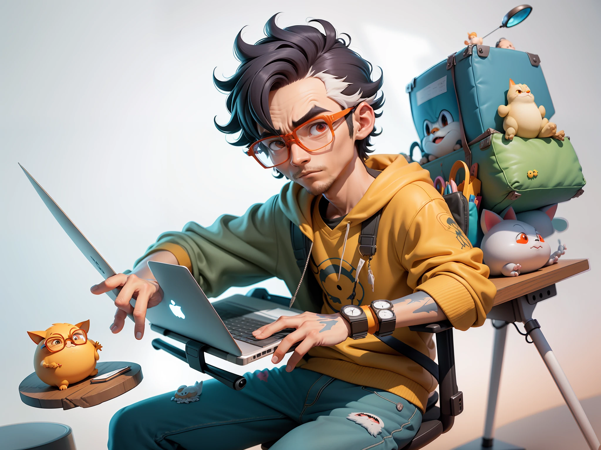 A young man with glasses sits at his desk,holding laptop,digitial painting,3D character design by Mark Clairen and Pixar and Hayao Miyazaki and Akira Toriyama,4K HD illustration,Very detailed facial features and cartoon-style visuals。
