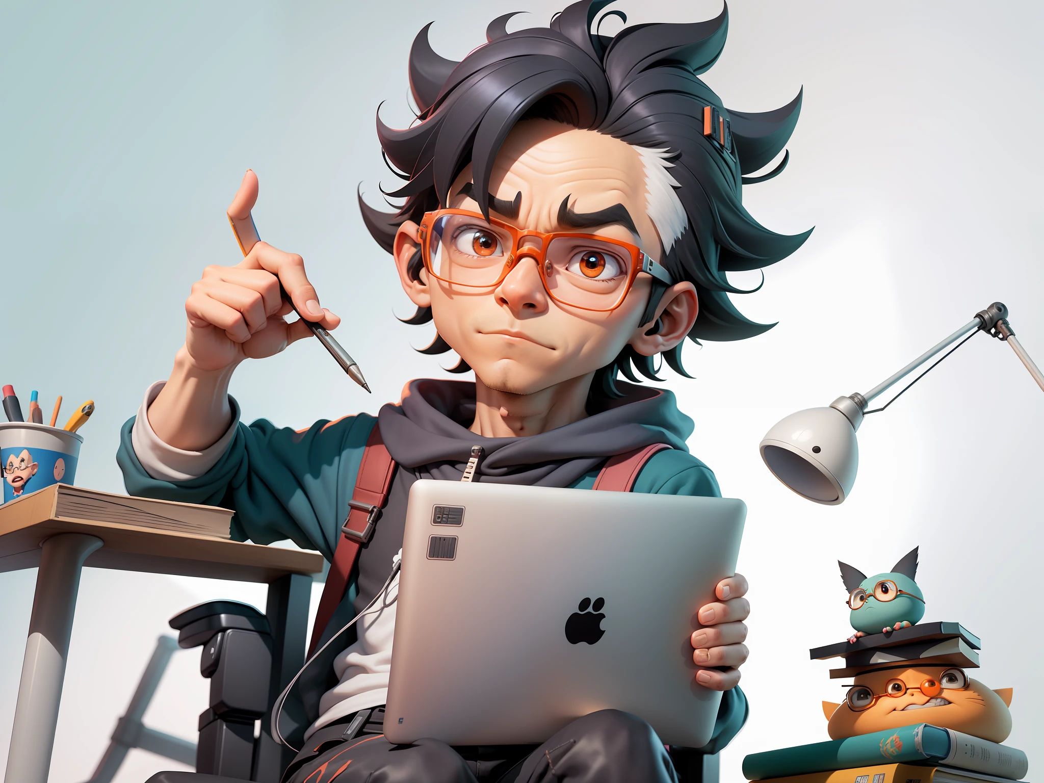 A young man with glasses sits at his desk,holding laptop,digitial painting,3D character design by Mark Clairen and Pixar and Hayao Miyazaki and Akira Toriyama,4K HD illustration,Very detailed facial features and cartoon-style visuals。