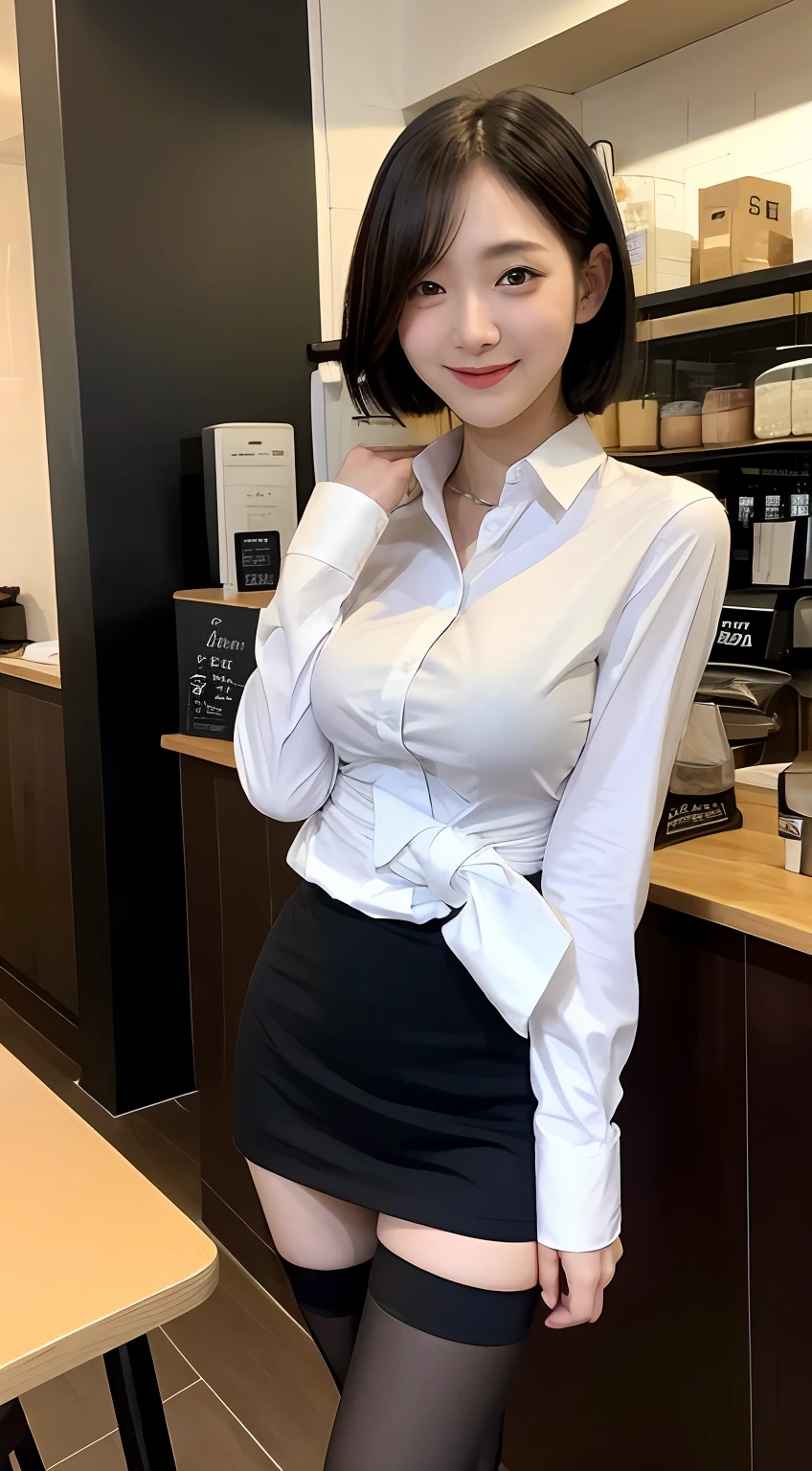 The shirt、skirt by the、beauty legs、A slender、Black stockings、Women in Japan、A smile、high-level image quality、cafes、short-hair、23years old、Big eyes、Kamimei、Cafe Clerk、Moderately large breasts、Skirt twisted by a cold