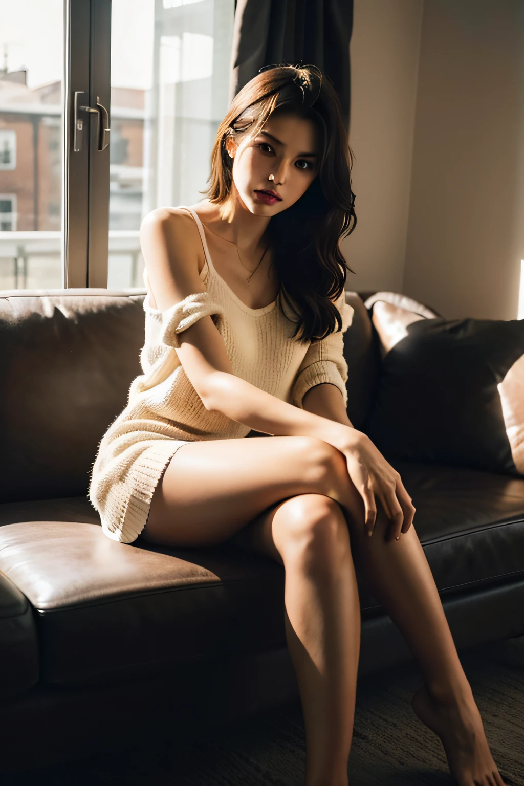 1girl,sitting on a cozy couch,crossing legs,soft light,  beautiful, toxic but aggressive and a bit sad