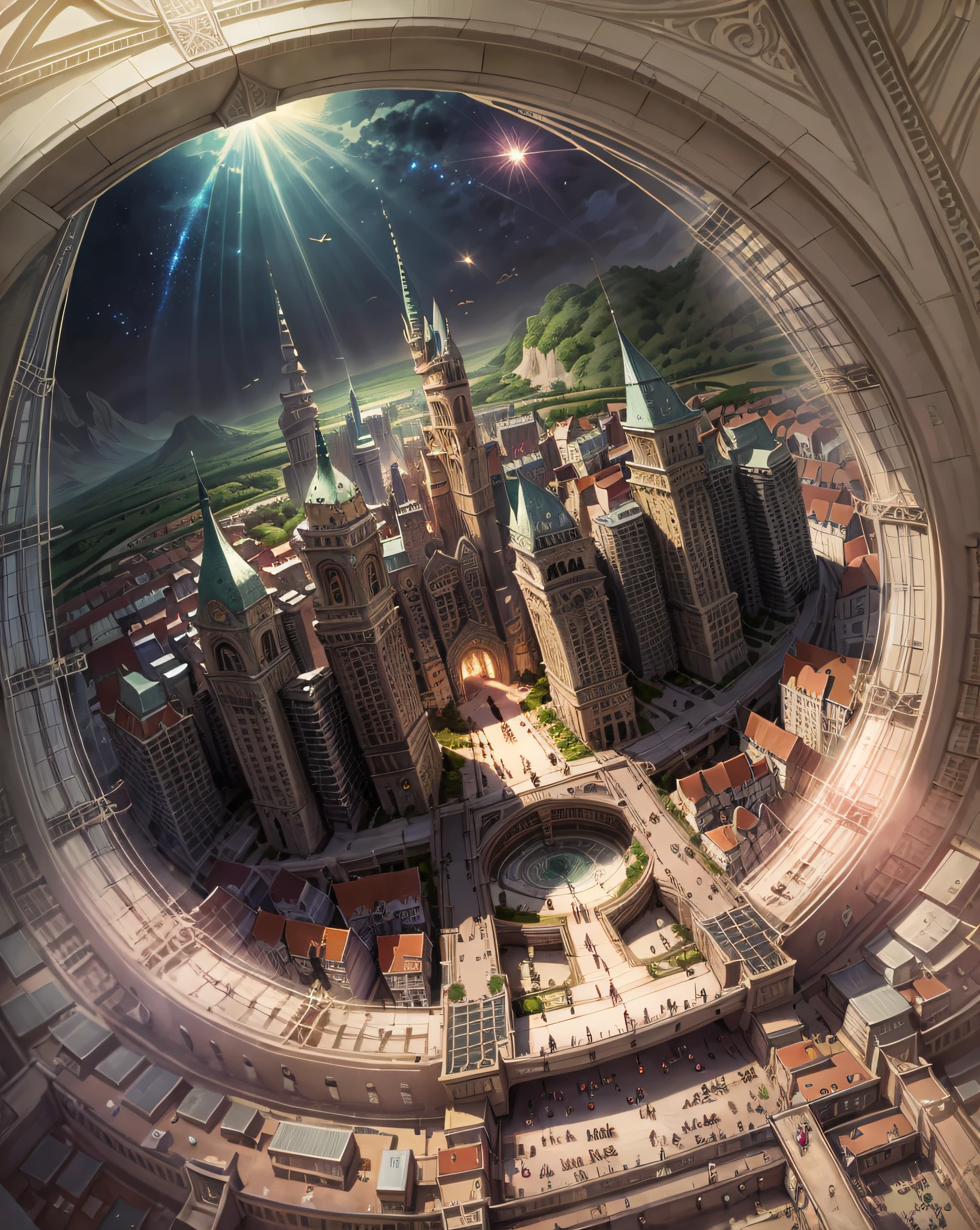 starrysky、deep in the night、Light coming through the window、Fairytale kingdom、sunny morning、Very high drawing skills、Bird's-eye view、Very nice view、Amazing light effects、Fantasia、Very large area。