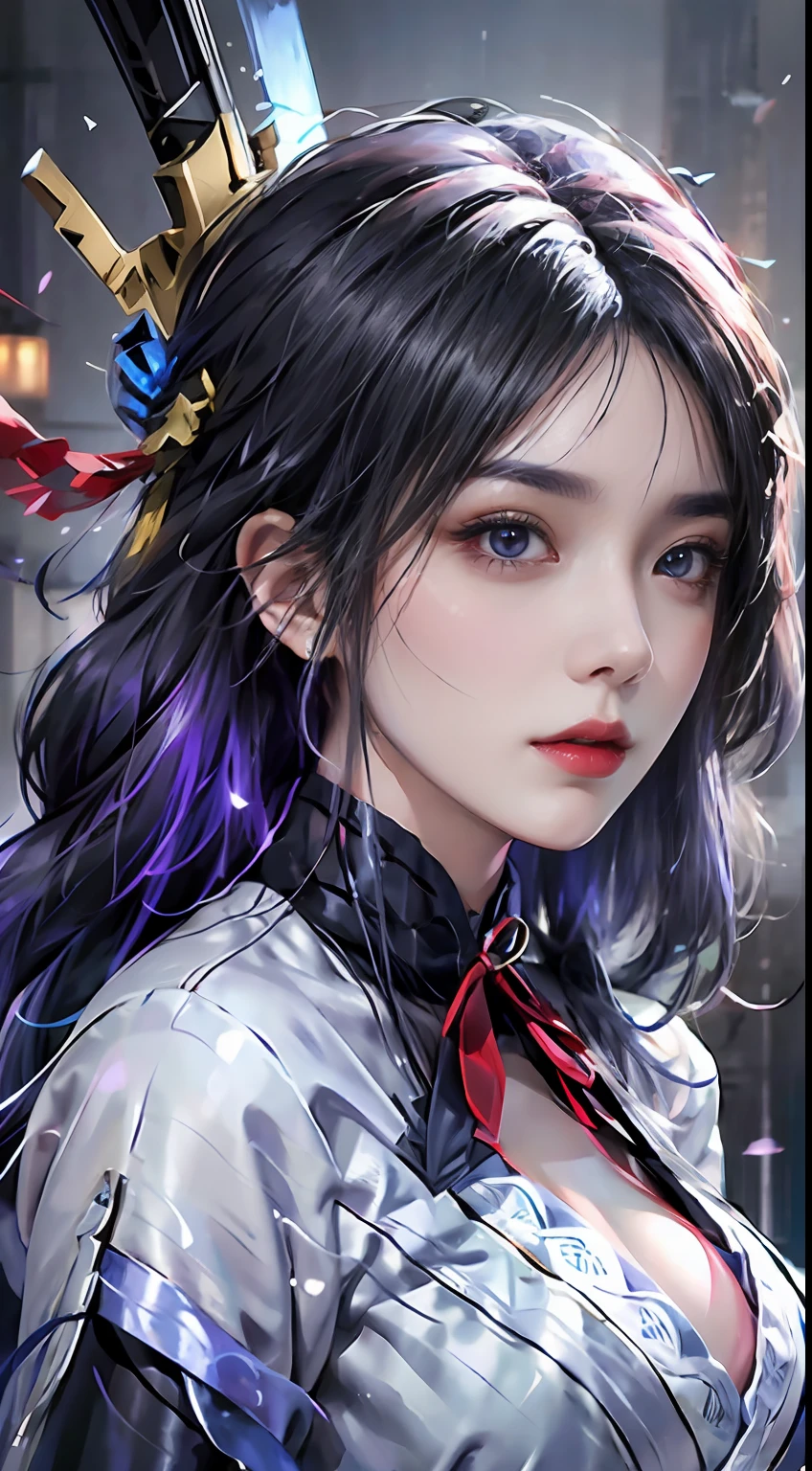 Photographic-grade high resolution,long white hair,Beautiful eyes,normal breast,Raiden General costume。