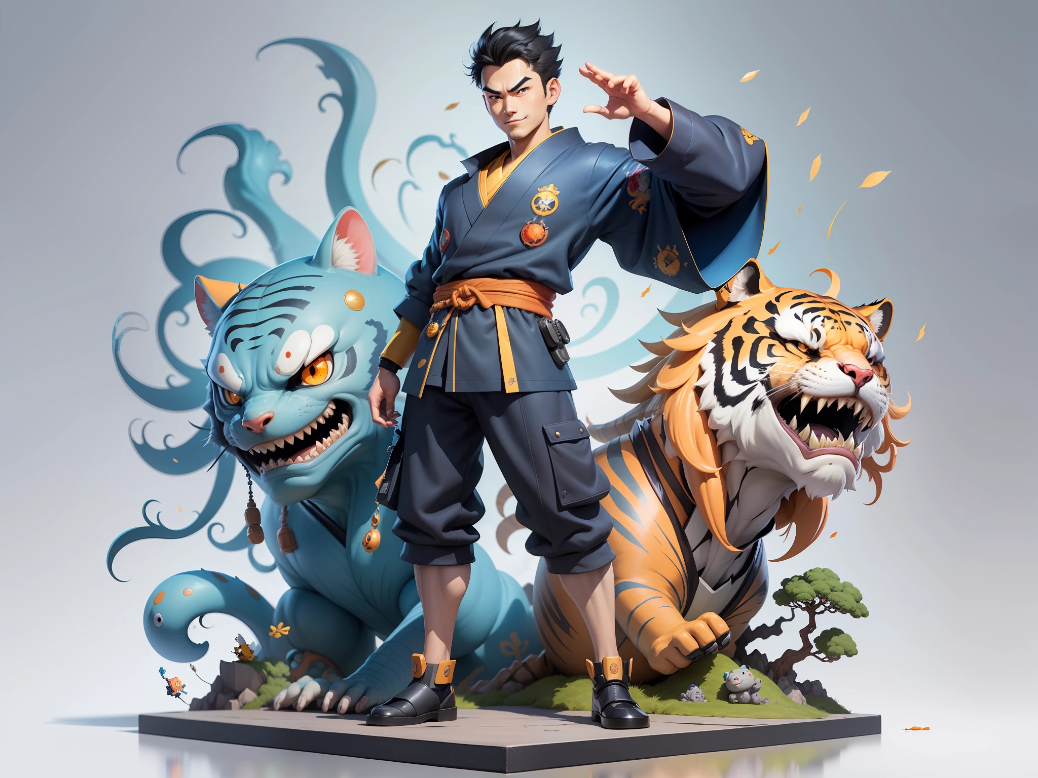 (Masterpiece), (Excellent), (Super Meticulous), (Full Body: 1.2), Super Young Man, Oriental Face, Japanese Kimono, Japanese Wind Thunder God, Dragon, Tiger, TV Anchor, Bust Portrait Illustration, Alone, Black Suit, Blue Tie, Slightly Chubby Face, Very Clean Face, No Beard, Black Super Short Hair, Black Eyes, Confident Smile, 3c Computer Sub-Products, iPad, iPhone, Digital Painting, 3D Character Design by Akira Toriyama and Mark Claireden and Pixar and Hayao Miyazaki, The illustration is a high-definition illustration in 4K resolution with very detailed facial features and cartoon-style visuals.