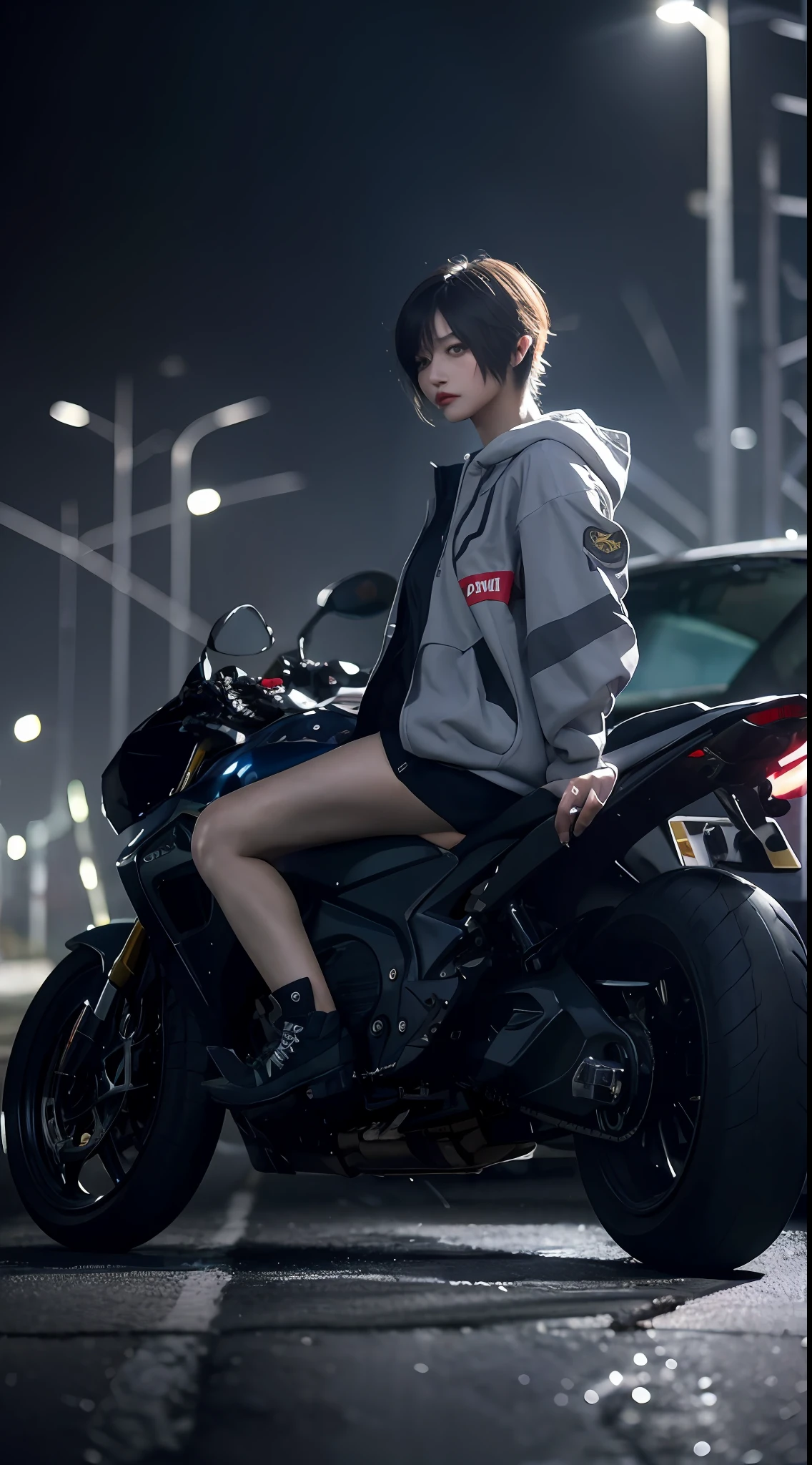 1girl, helmet, hood, solo, spacesuit, short_hair, bangs, jacket, upper_body, white_hair, bag, blurry, coat, grey_eyes, blurry_background, backpack, zipper, urban techwear, smoking, mecha, motor vehicle, siting on motorcycle, on motorcycle, vehicle focus, wheel, night, road, street, rain, city, puddles, 8k, ultra realistic, lens flare, atmosphere, glow, detailed, intricate, full of colour, cinematic lighting, trending on artstation, 4k, hyperrealistic, focused, extreme details, unreal engine 5, cinematic, Masterpiece, best quality
