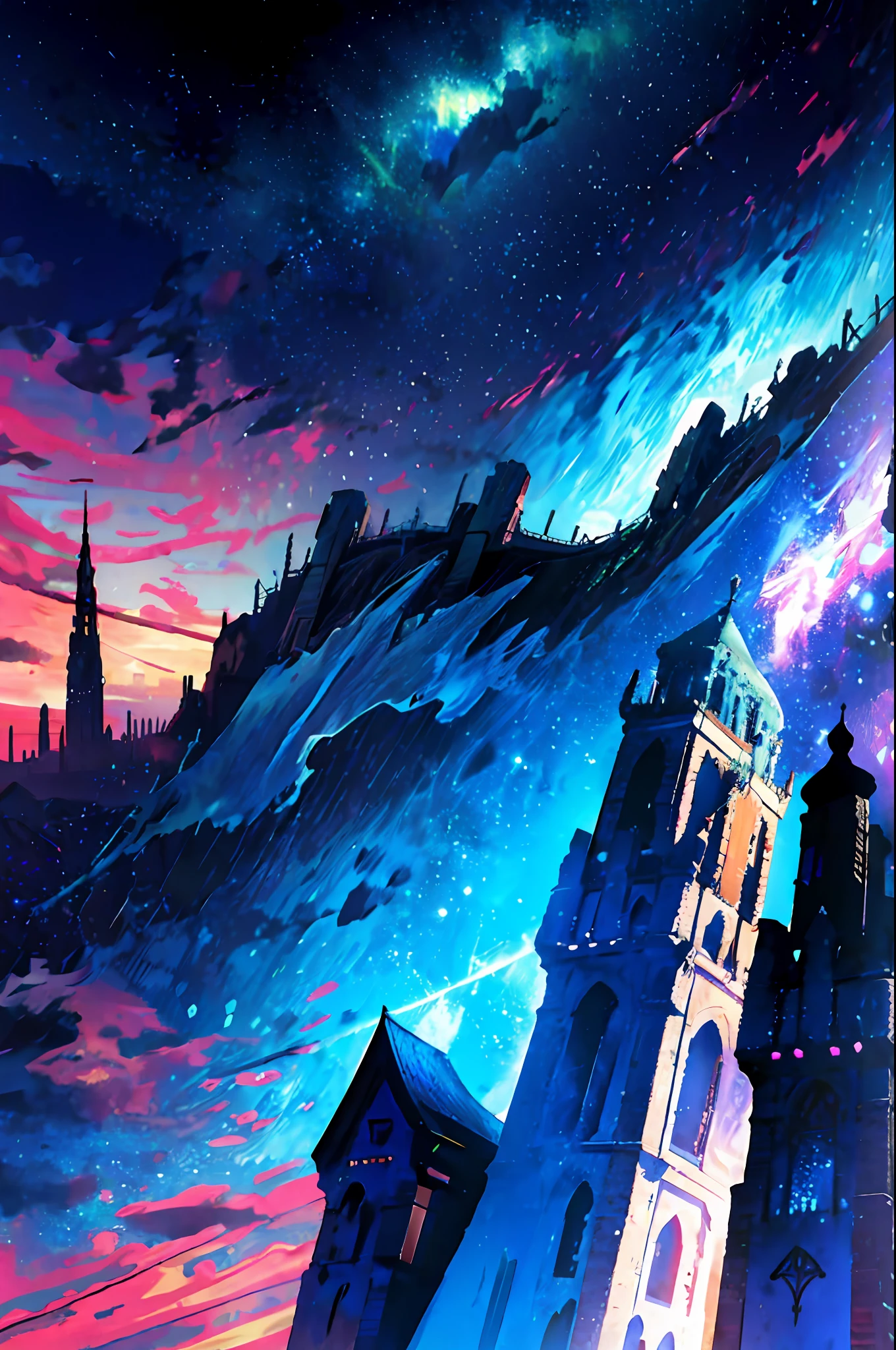 towers of god, blue towers, violet, blue, red, god, red sky, violet sky, starry sky, stars, starry towers, starry god, light blue, civilization, order