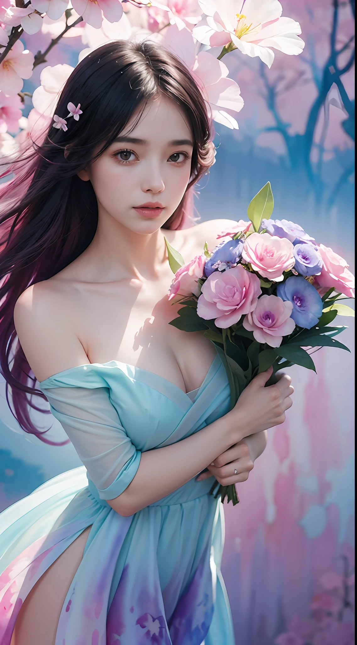 1girl,flower, Lisianthus ,in the style of light pink and light azure, dreamy and romantic compositions, pale pink, ethereal foliage, playful arrangements,fantasy, high contrast, ink strokes, explosions, over exposure, purple and red tone impression , abstract, ((watercolor painting by John Berkey and Jeremy Mann )) brush strokes, negative space,