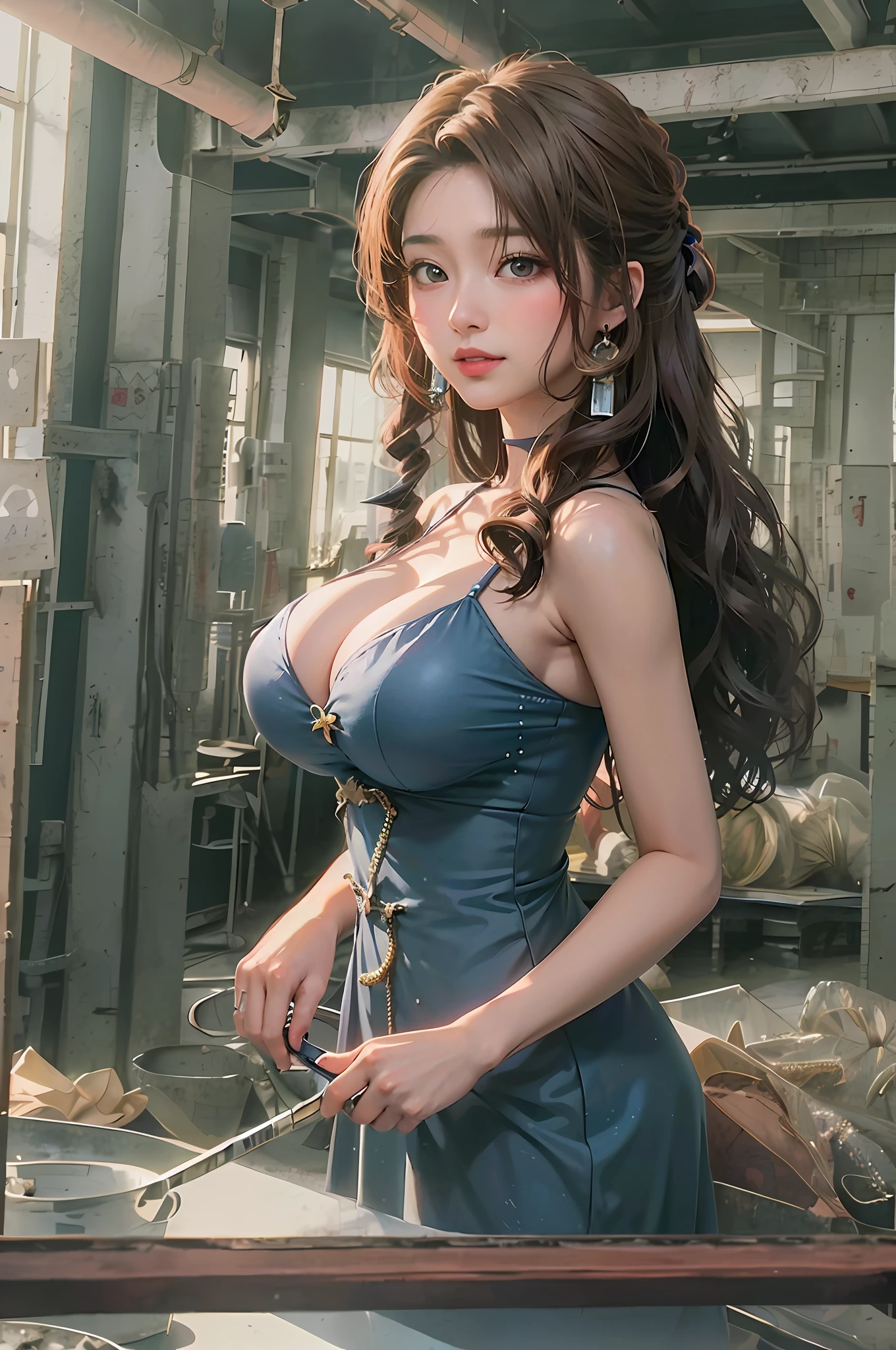An Araki woman in a blue dress is cutting a piece of wood, Japanese goddess, seductive anime girls, beautiful and seductive anime woman, attractive anime girls, Beautiful Asian girl, Biomechanical OPPAI, Guviz, Beautiful anime girl, trending at cgstation, Beautiful anime woman, cleavage, Anime girl in real life, girl with warship parts, Anime girl cosplay